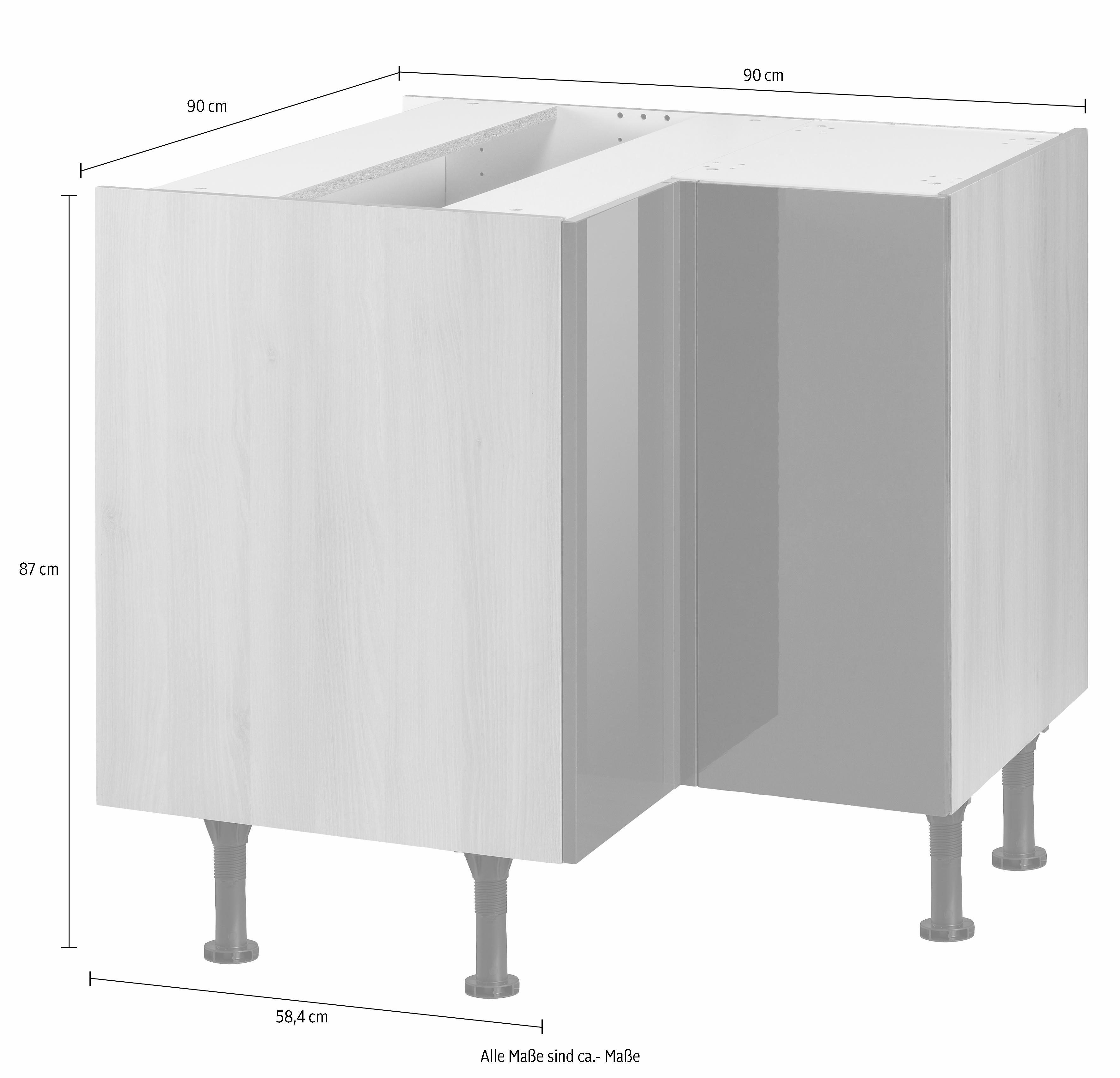 OPTIFIT Eckunterschrank Bern akaziefarben Breite höhenverstellbare | Tür, mit mit Metallgriff cm, 90x90 Füße, grau Hochglanz/akaziefarben