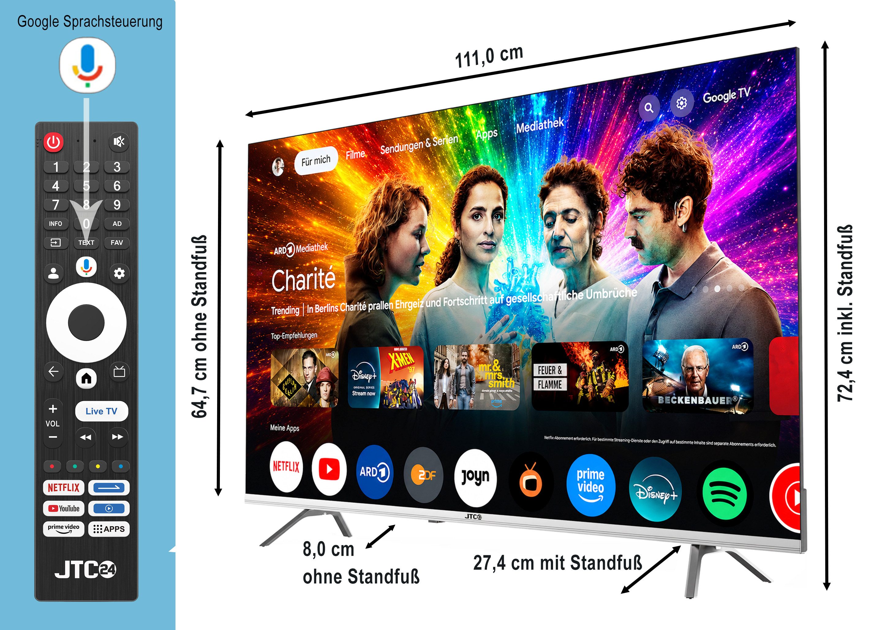 JTC-24 JTCSQ50U39505G QLED-Fernseher (126 cm/50 Zoll, 4K Ultra HD, Smart-TV, Google TV, Dolby Vision, Bluetooth, Triple Tuner, Sprachsteuerung)