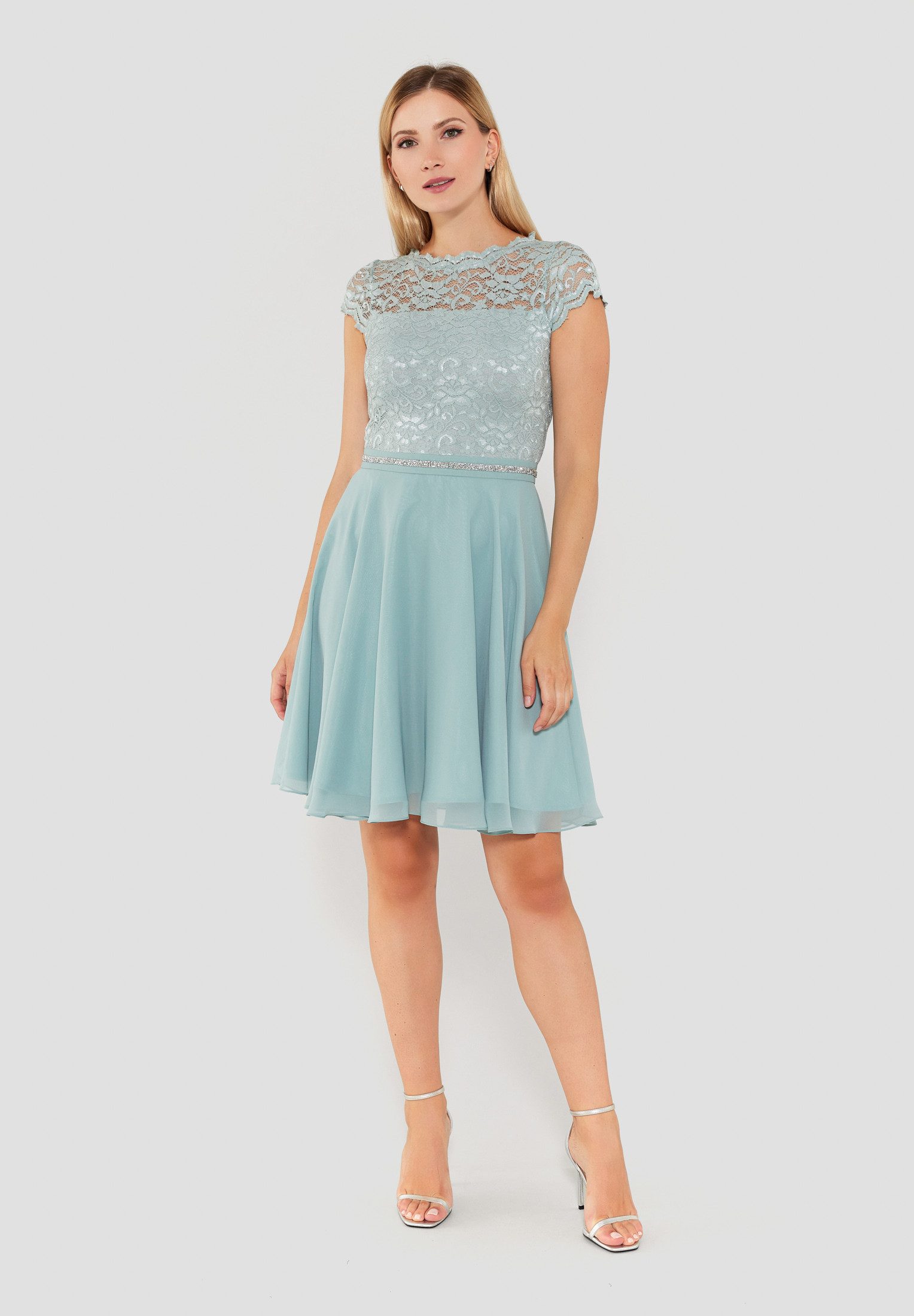 SWING Cocktailkleid - Cocktailkleid mit elastischem Spitzentop Glitzer Gürtel