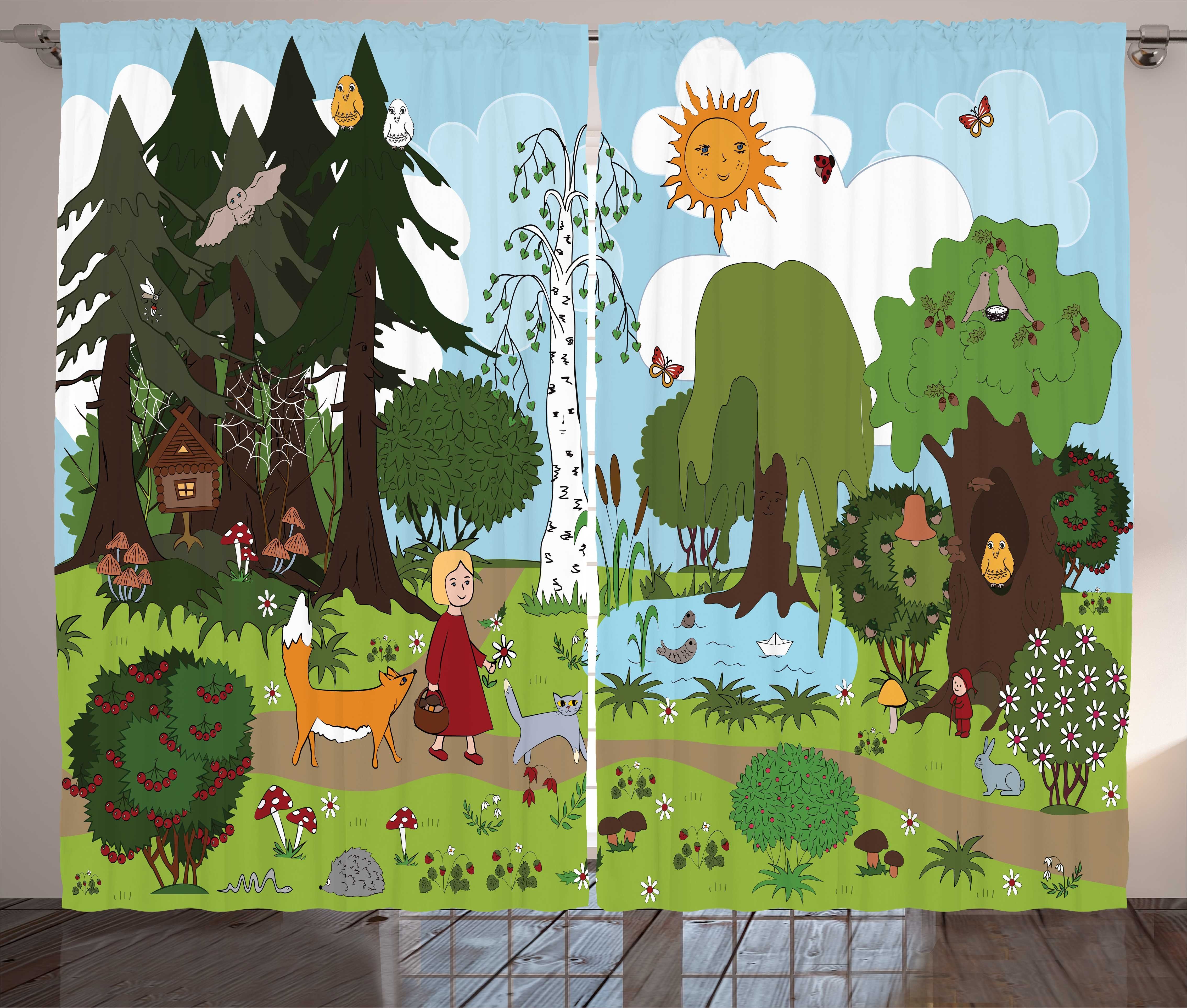 Gardine Schlafzimmer Kräuselband Vorhang mit Schlaufen und Haken, Abakuhaus, Karikatur Bunt Forest Friends