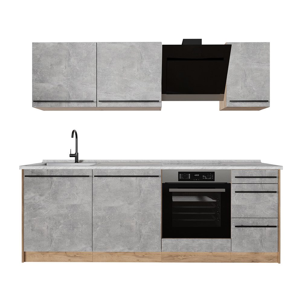 Vicco Küchenzeile R-Line, Beton/Goldkraft Eiche, 220 cm Arbeitsplatte Marmor