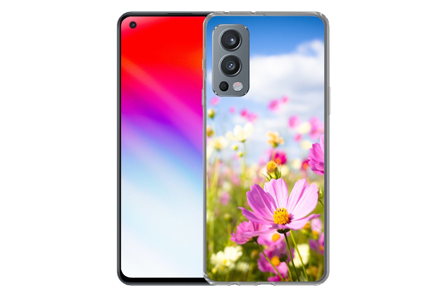 MuchoWow Handyhülle für OnePlus Nord 2 5G Blumen - Wiese - Lila - Gras - Weiß - Wolken - B, Phone Case, Silikon, Schutzhülle Dünn
