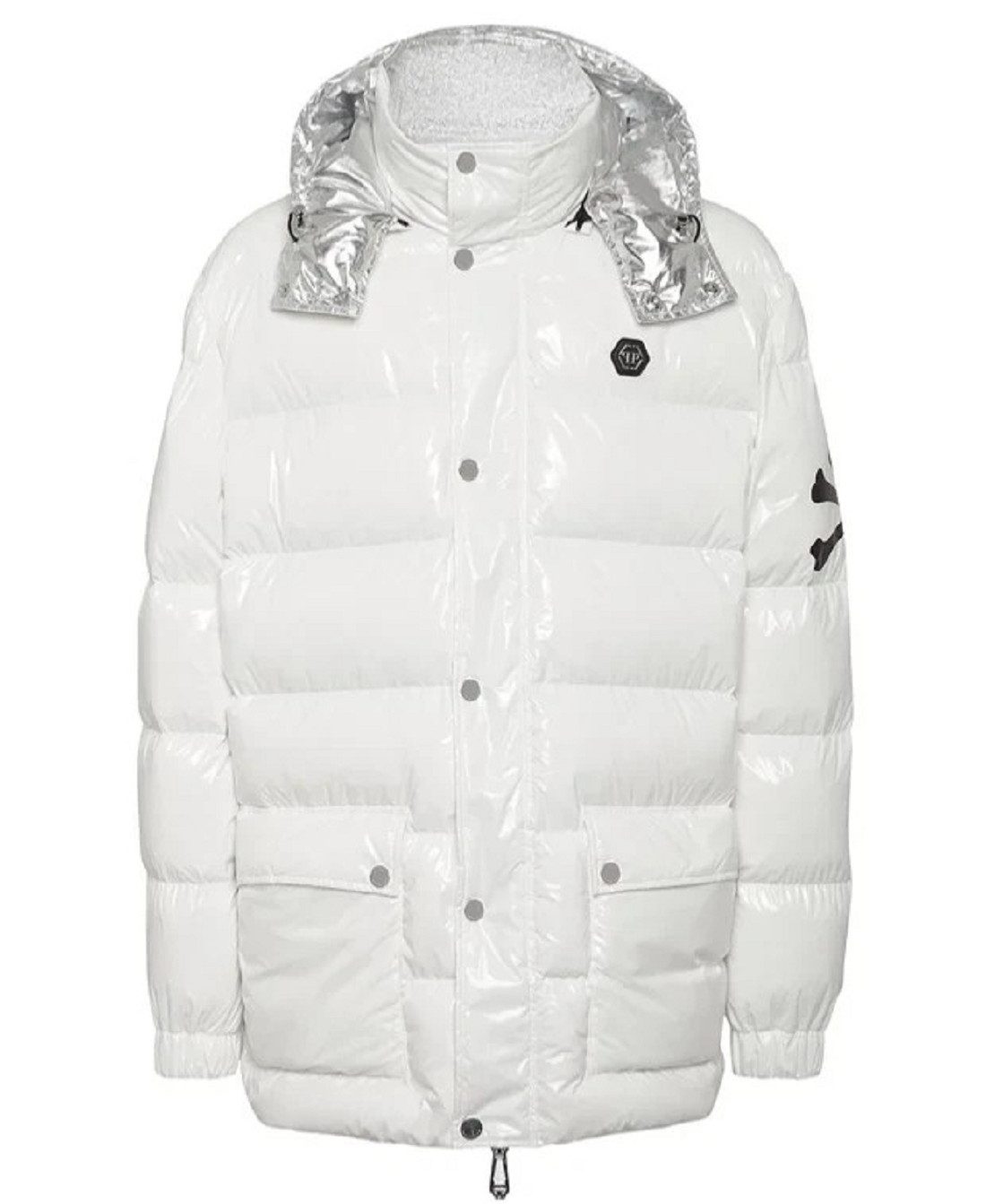 PHILIPP PLEIN Winterjacke PHILIPP PLEIN Jacke, Philipp Plein Nylon Puffer Jacket, Skull&Bones in unifarbe, Abnehmbarer Kapuze