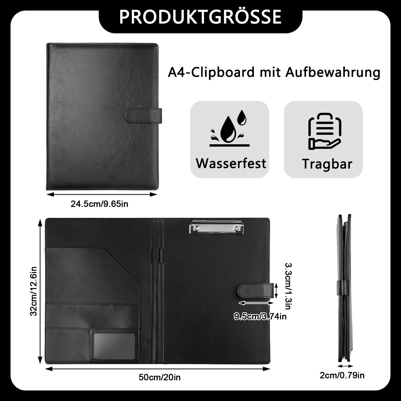 FOUORTUNATE-BEE Konferenzmappe Klemmbrett A4 mit Deckel (PU-Leder Klemmbrettmappe Schreibmappe Klemmbrett mit Schreibblock Dokumentenfächern Stifthalter Magnetv – Bild 4 von 5