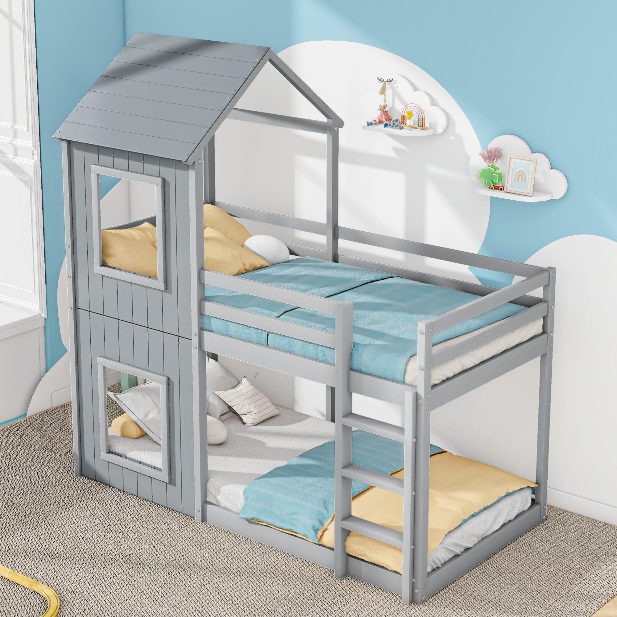KLAM HOME Etagenbett Bettgestell Kinderbett Hausbett Massivholzbett (mit Leiter und Baldachin, Bodentief), 90*200cm 2-Personen-Jugendbett für Familien mit mehreren Kindern