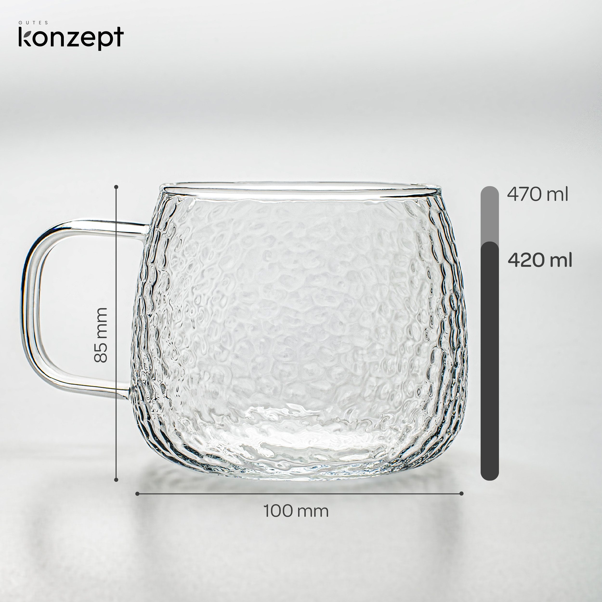 KONZEPT Teeglas mit Henkel 2/4-er Set, Teetasse 420 ml, Tassen Set aus Borosilikatglas, 2-tlg., ideal für Kaffee, Tee, Eiskaffee, Matcha, Kakao und heiße Schokolade