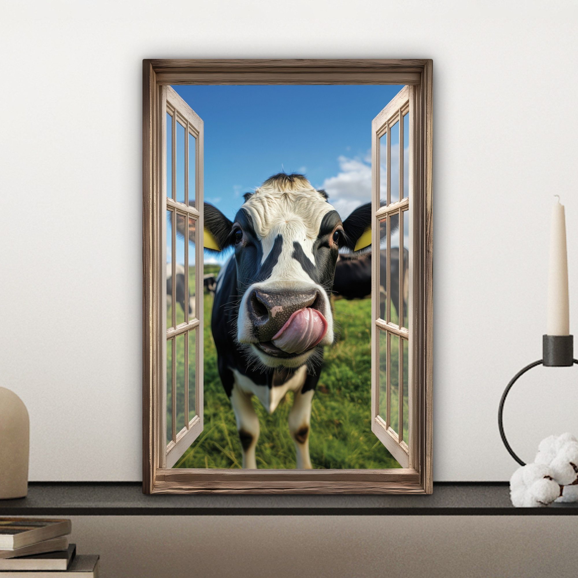 OneMillionCanvasses® Leinwandbild Durchgucken - Kuh - Wiese - Tiere - Natur, Fotodruck (1 St), Leinwand Canvas Wandbild, Wanddekoration 20x30 cm