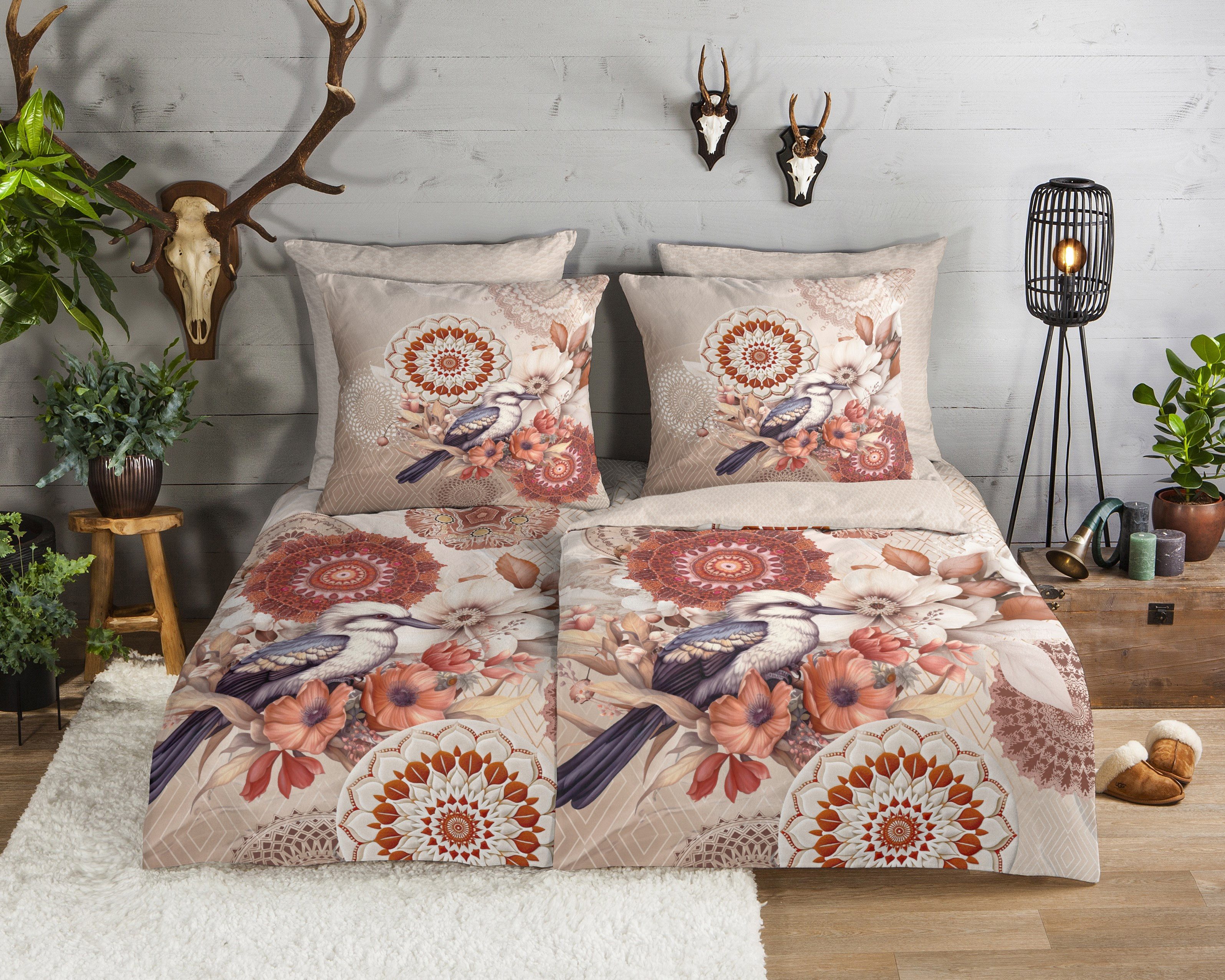hip Wendebettwäsche Luigio, Biber, Flanell, 2 teilig, Flanell, Biber, Winter, Warm, Reißverschluss, Wende, Mandala, Vogel