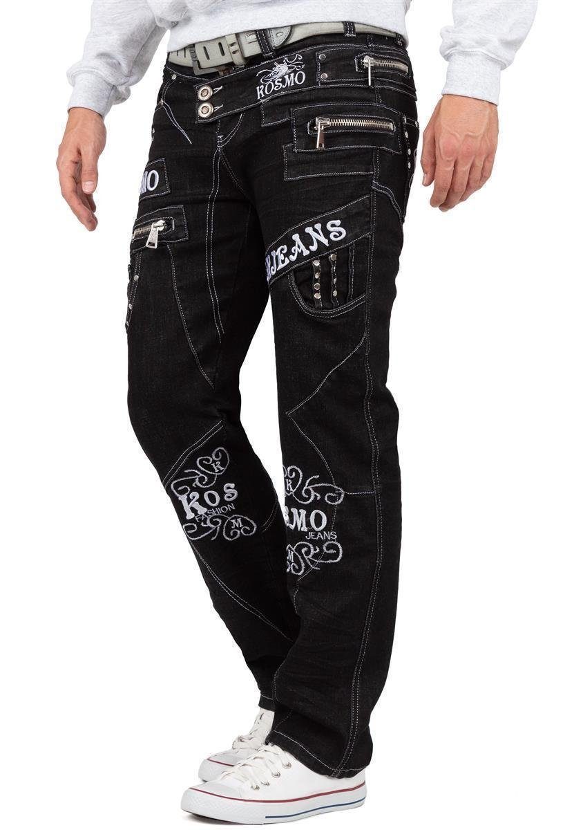 Kosmo Lupo 5-Pocket-Jeans Herren Regular Fit Hose Stonewashed KM051 (1-tlg) mit weißen Kontrastnähten und Ziernähten