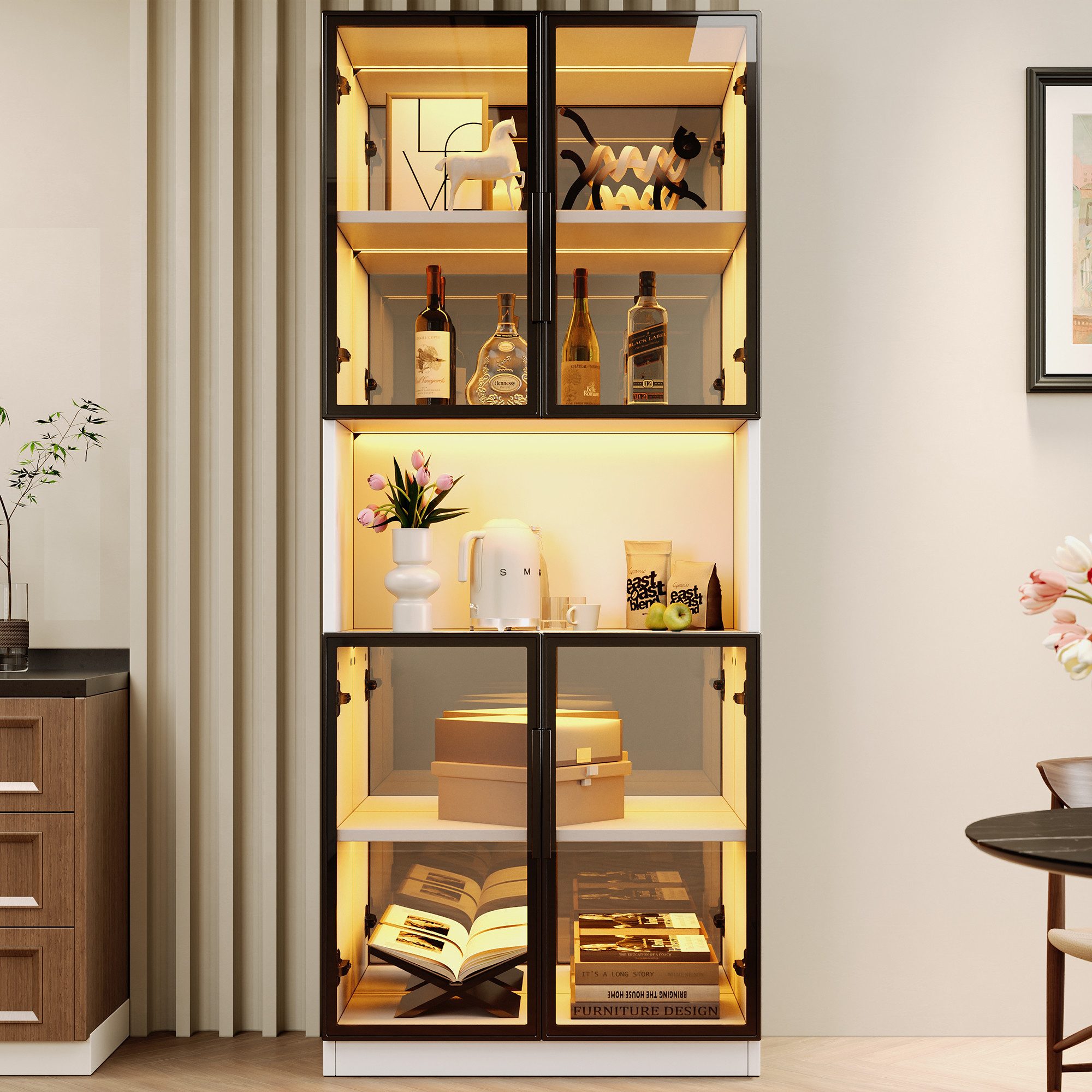 Flieks Glasvitrine Hochschrank mit LED-Beleuchtung, Spiegelrückwand, Glastüren (140x30x170 cm, Set, 1-St., Multifunktionsschrank für Wohnzimmer, Esszimmer, Küche und Büro) Eckvitrine Eckschrank Standvitrine Sammlervitrine mit 5 Fächern Weiß