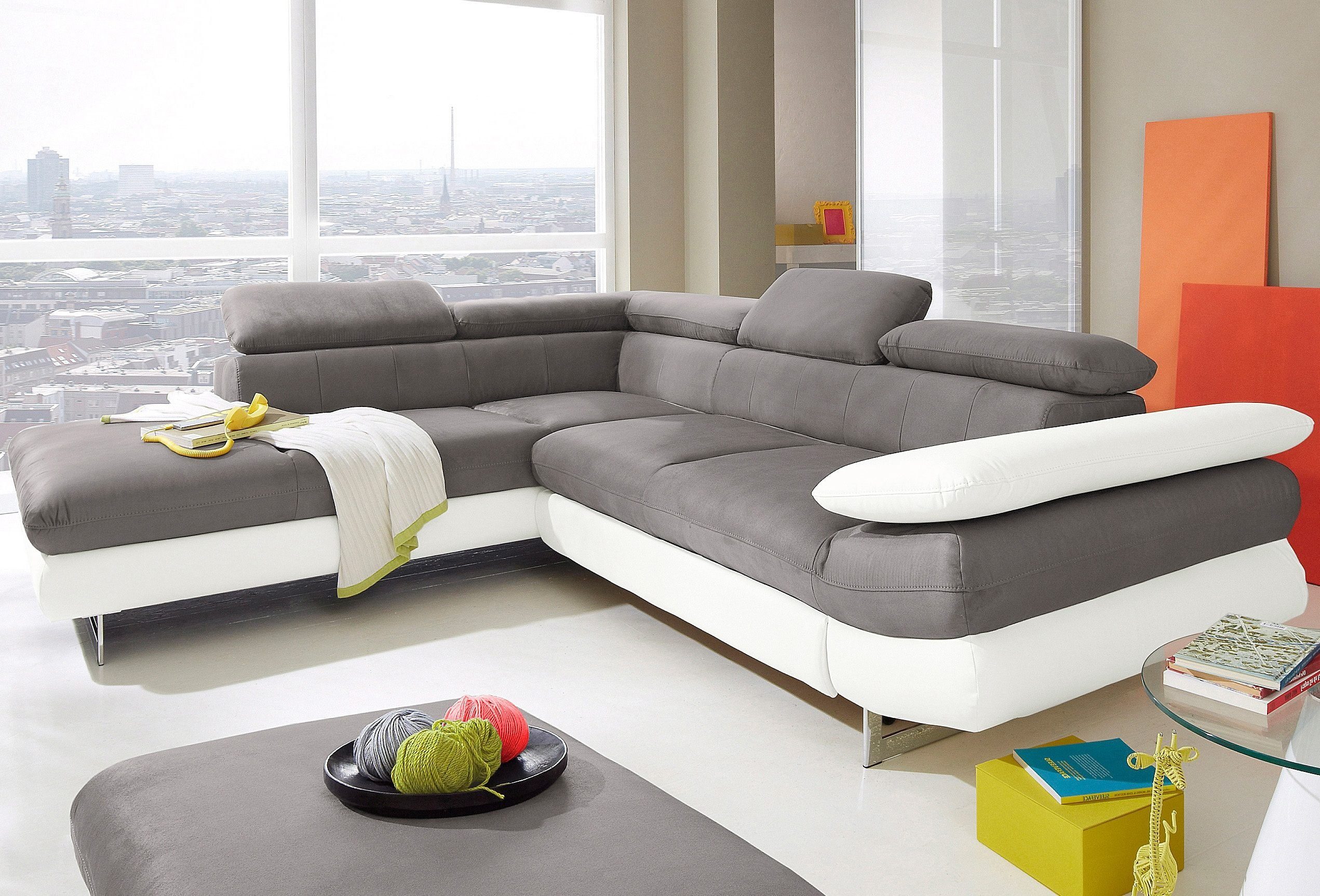 COTTA Ecksofa Solution L-Form, Design Sofa, bequeme Wellenunterfederung, Design Fuß, mit Arm- & Kopfteilverstellung, wahlweise mit Schlaffunktion