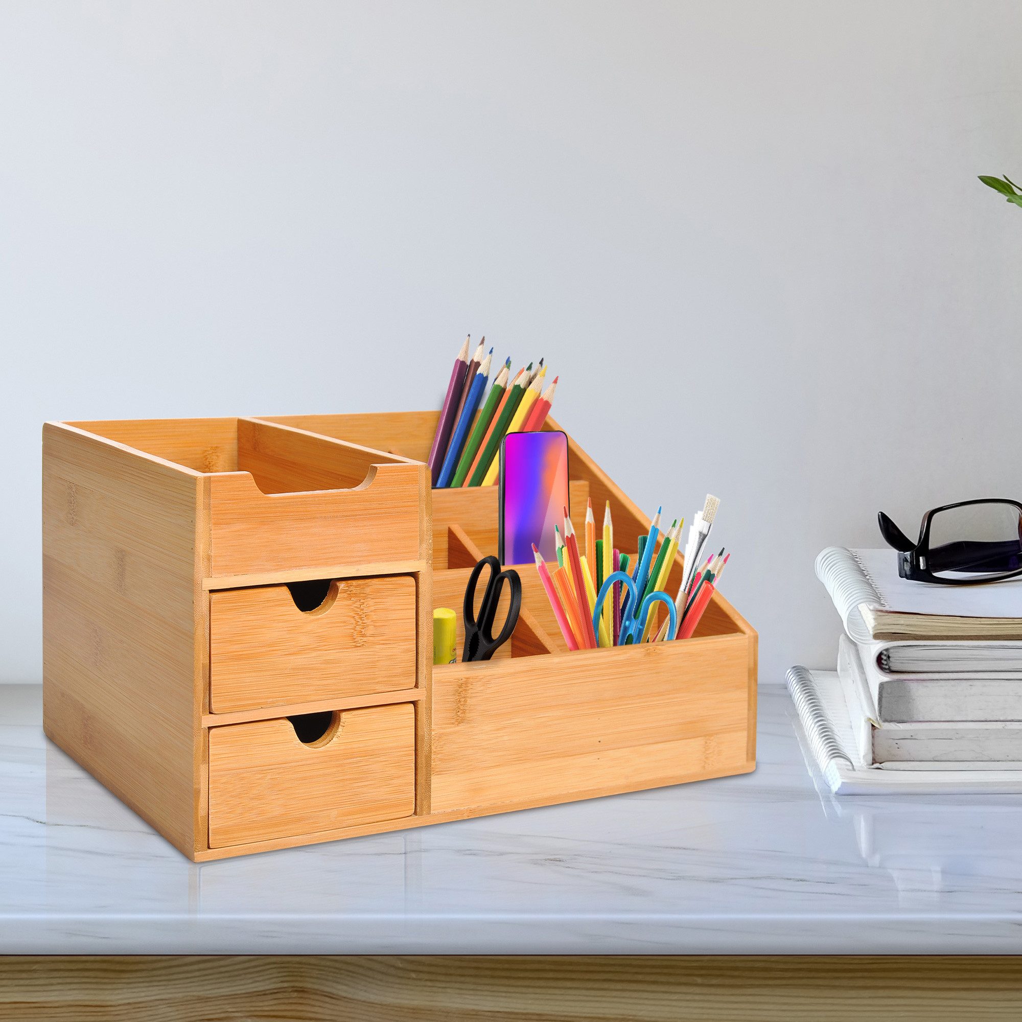 HOMCOM Organizer Aufbewahrungsbox Büro Box Organisation (Schreibtischorganizer, 1 St., 2 Schublade), Naturholz 33 x 20,5 x 15,5 cm