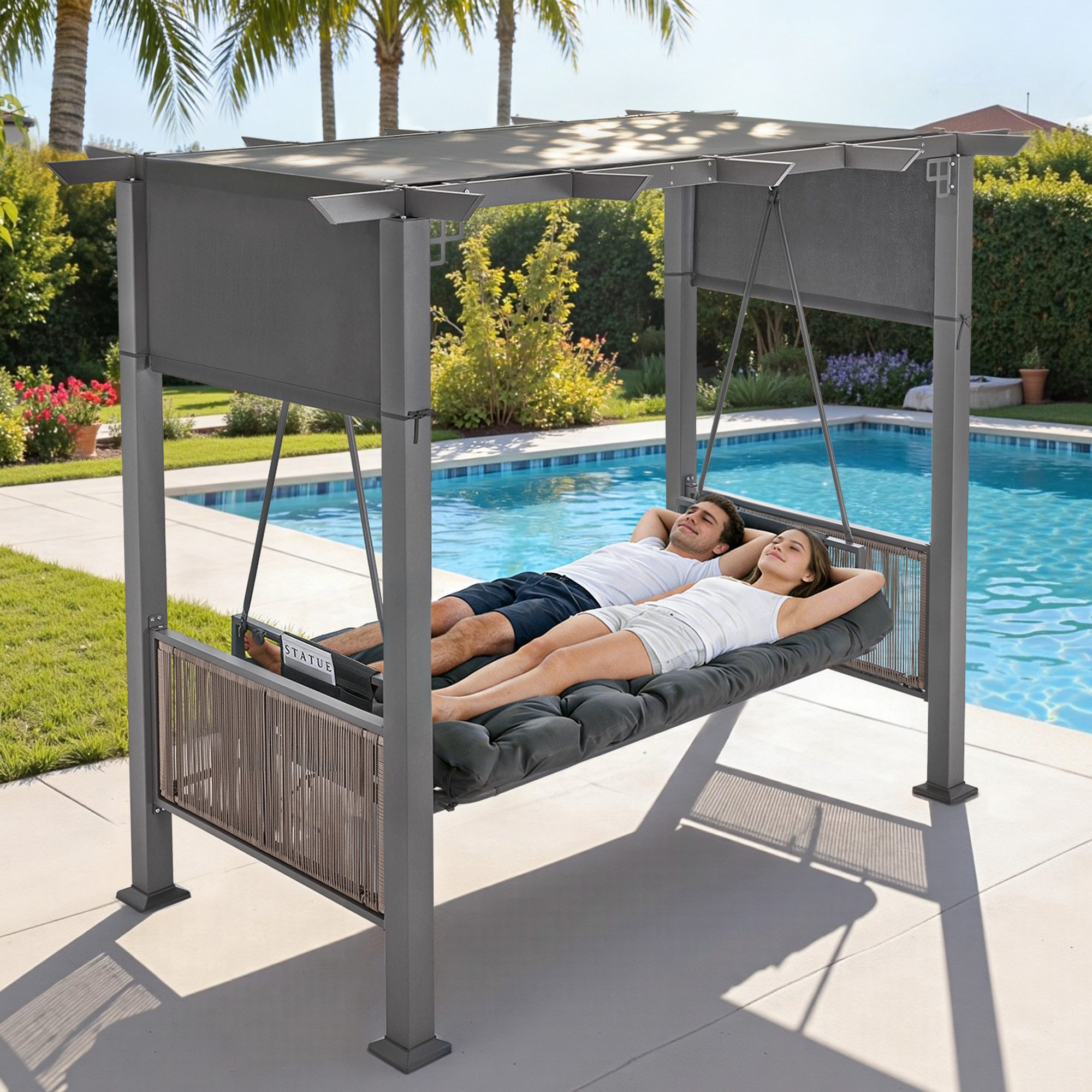 MCombo Hollywoodschaukel M MCombo Pergola Hollywoodschaukel mit Liegefunktion 4067, 3-Sitzer, Gartenpavillon, mit Ausziehbarem Sonnendach, Extradickem Sitzkisse – Bild 2 von 5