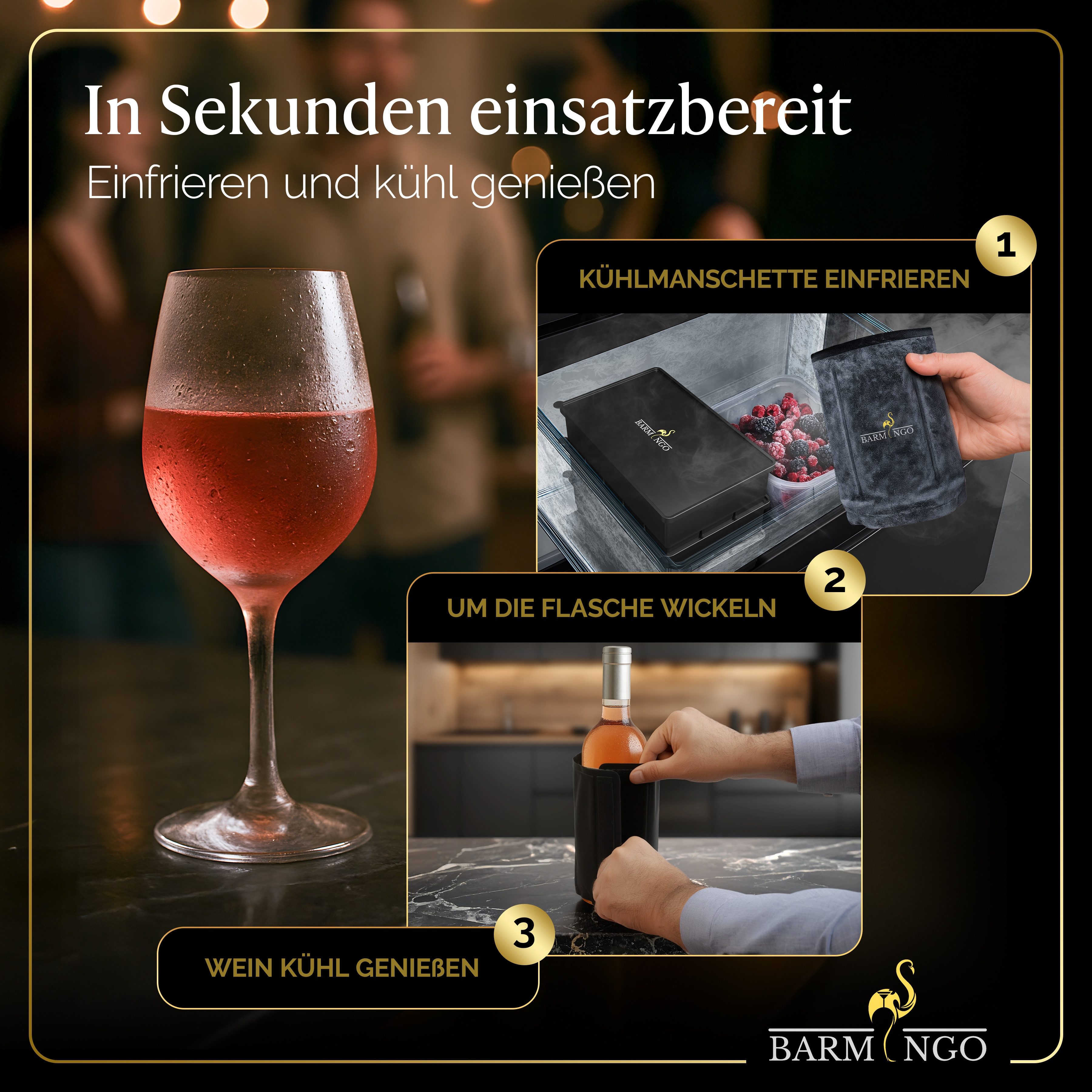 BARMINGO Wein- und Sektkühler Edelstahl mit 2 Kühlmanschetten, Weinflaschenkühler & Getränkekühler, doppelwandiger Flaschenkühler für Wein, Sekt & Champagner – Bild 5 von 5