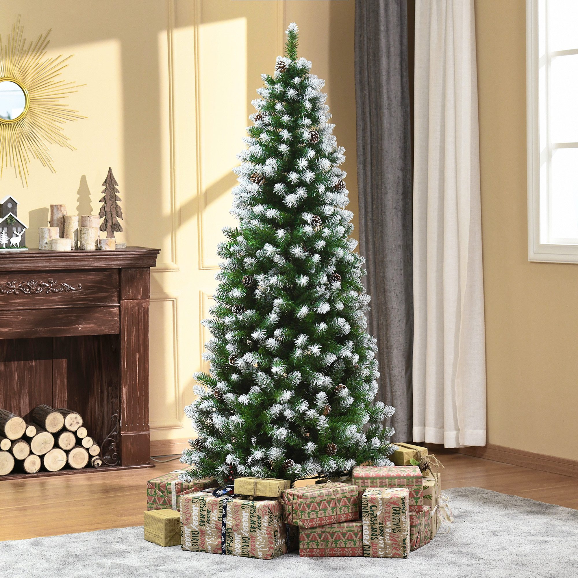 HOMCOM Künstlicher Weihnachtsbaum Christbaum 180 cm mit Kunstschnee 630 Astspitzen faltbar Standfuß, Tanne, für Weihnachtsfest, Indoor, grün+weiß