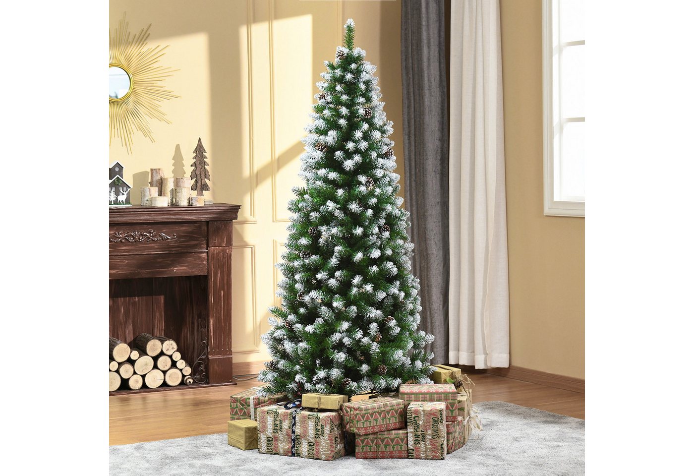 HOMCOM Künstlicher Weihnachtsbaum Christbaum 180 cm mit Kunstschnee 630 Astspitzen faltbar Standfuß, Tanne, für Weihnachtsfest, Indoor, grün+weiß