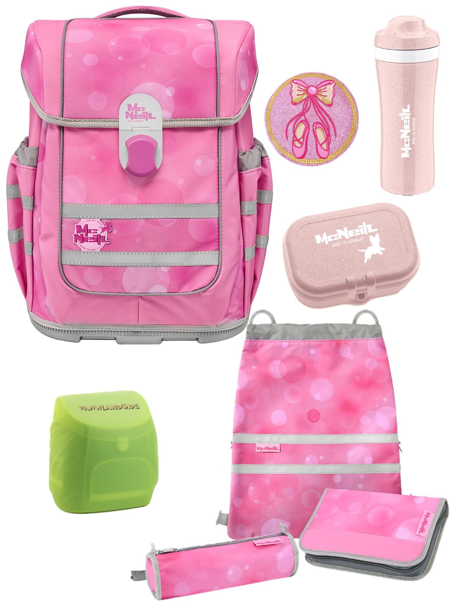 McNeill Schulranzen Ergo Complete 1.-4. Klasse ergonomisch, leicht, Volumen 20 Liter (Set, 8-tlg., inkl. Federmappe, Brotbox und Trinkflasche), ClickFlex-Rückensystem, Reflektoren; inkl. McAddy Ballerina