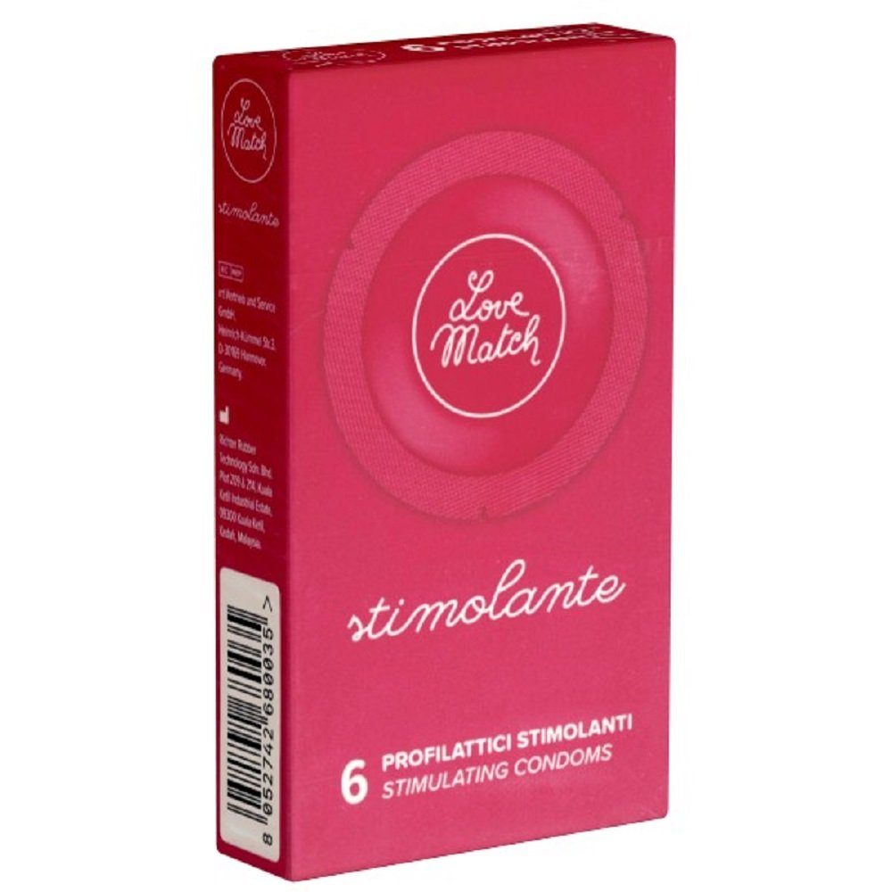 Love Match Kondome Stimolante Packung mit, 6 St., italienische Kondome mit Rippen und Noppen, Retro-Design, stimulierende Kondome in Rundfolien