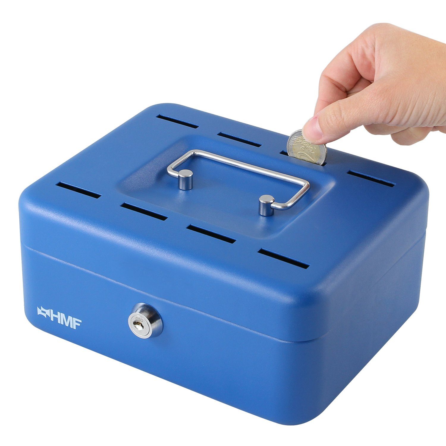 HMF Geldkassette Sparkassette, abschließbare Bargeldkasse mit Einwurfschlitzen, robuste Geldbox mit Schlüssel, 20x16x9 cm blau