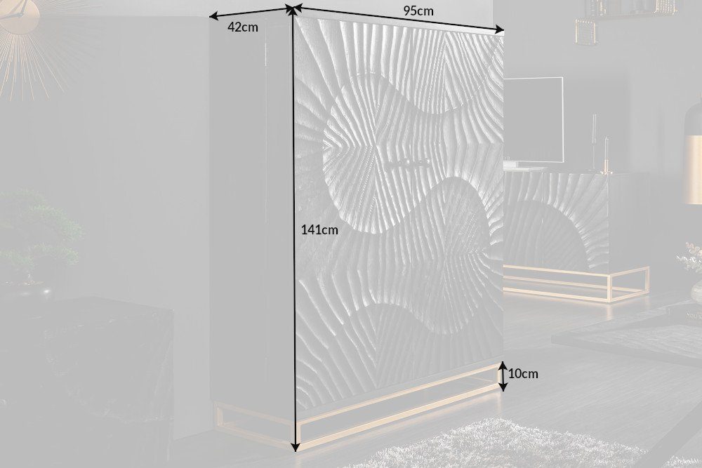 Schnitzereien (Einzelartikel, 1-St) riess-ambiente Massivholz Barschrank schwarz / Metall 141cm · gold · 3D Wohnzimmer · SCORPION