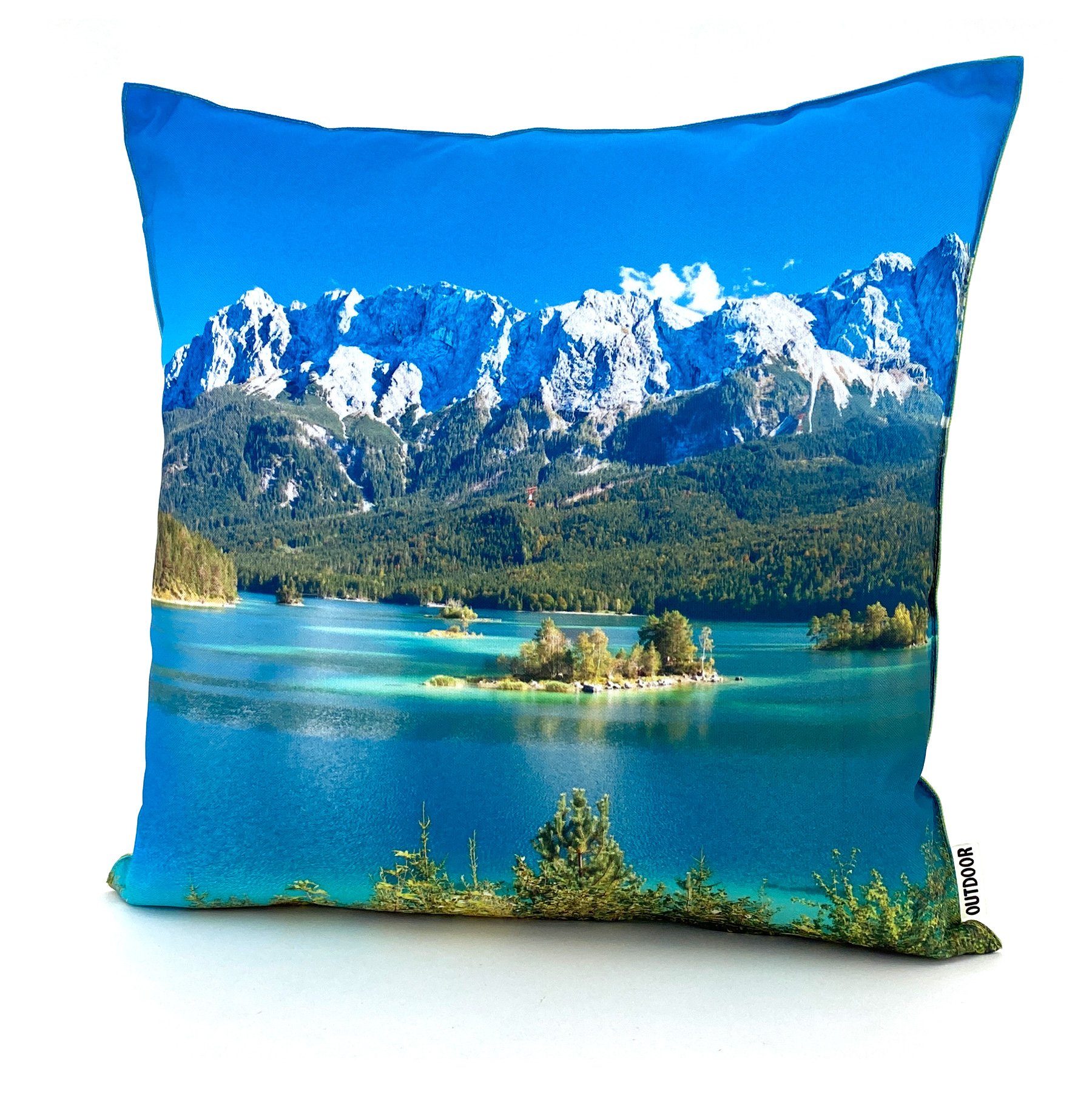 heimtexland Dekokissen Outdoorkissen 45x45 Outdoor Garten Deko Kissen, Lotus Effekt, schmutz- und wasserabweisend, inkl. Füllung Alpen-Bergsee