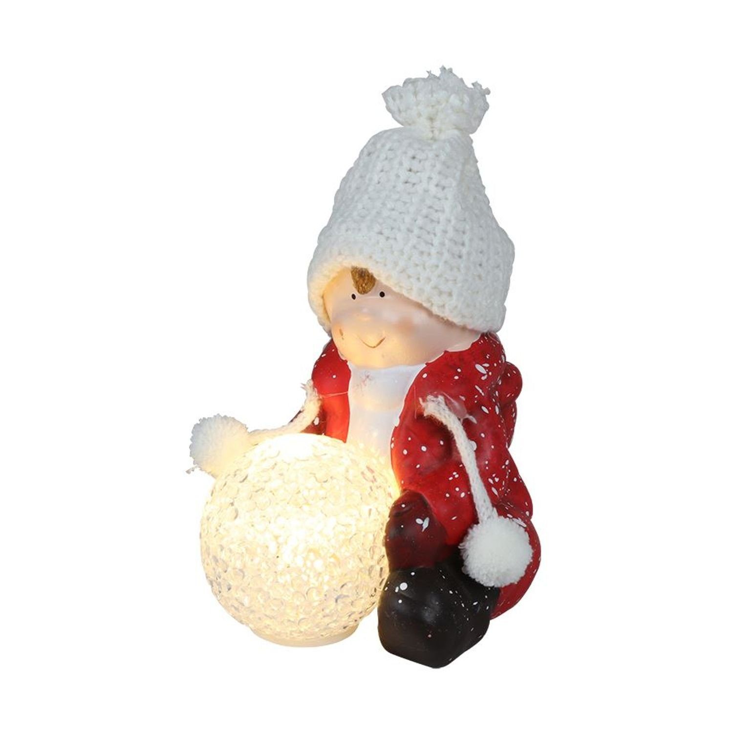 EDCO Dekofigur Keramik-Kinderfigur LEDSchneeball Dekofigur sitzend mit Weihnachtsdeko
