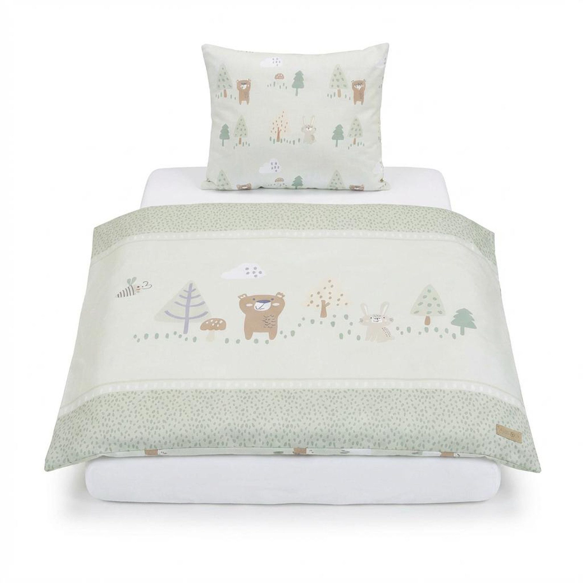 roba® Babybettwäsche Woodland Buddies 80 x 80 cm - Bettwäsche mit Tier & Waldmotiven, Baumwolle, 2 teilig, Bezug für Bettdecke 80 x 80 cm + Kopfkissen 35 x 40 cm - Pastellgrün