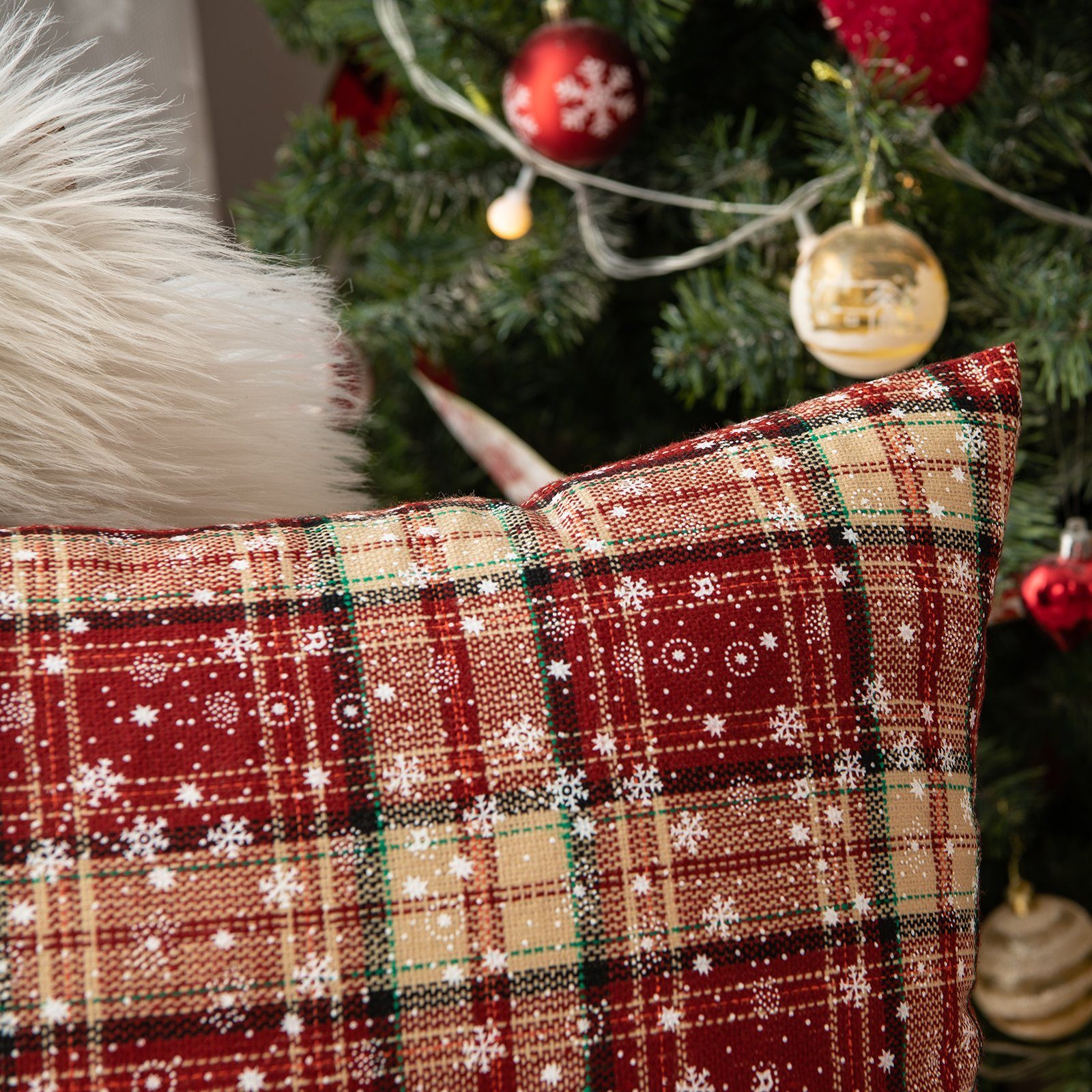 Rosnek Kissenbezug Schneeflocke Pompon, kariert, für Tisch- und Stuhldeko zu Weihnachten, (1 Stück)