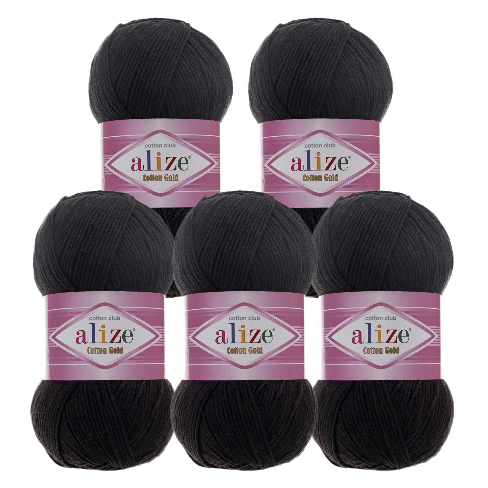 Alize 5 x 100g Strickgarn Alize Cotton Gold Uni Klassikgarn Häkelgarn Häkelwolle, 1650 m, 60 schwarz
