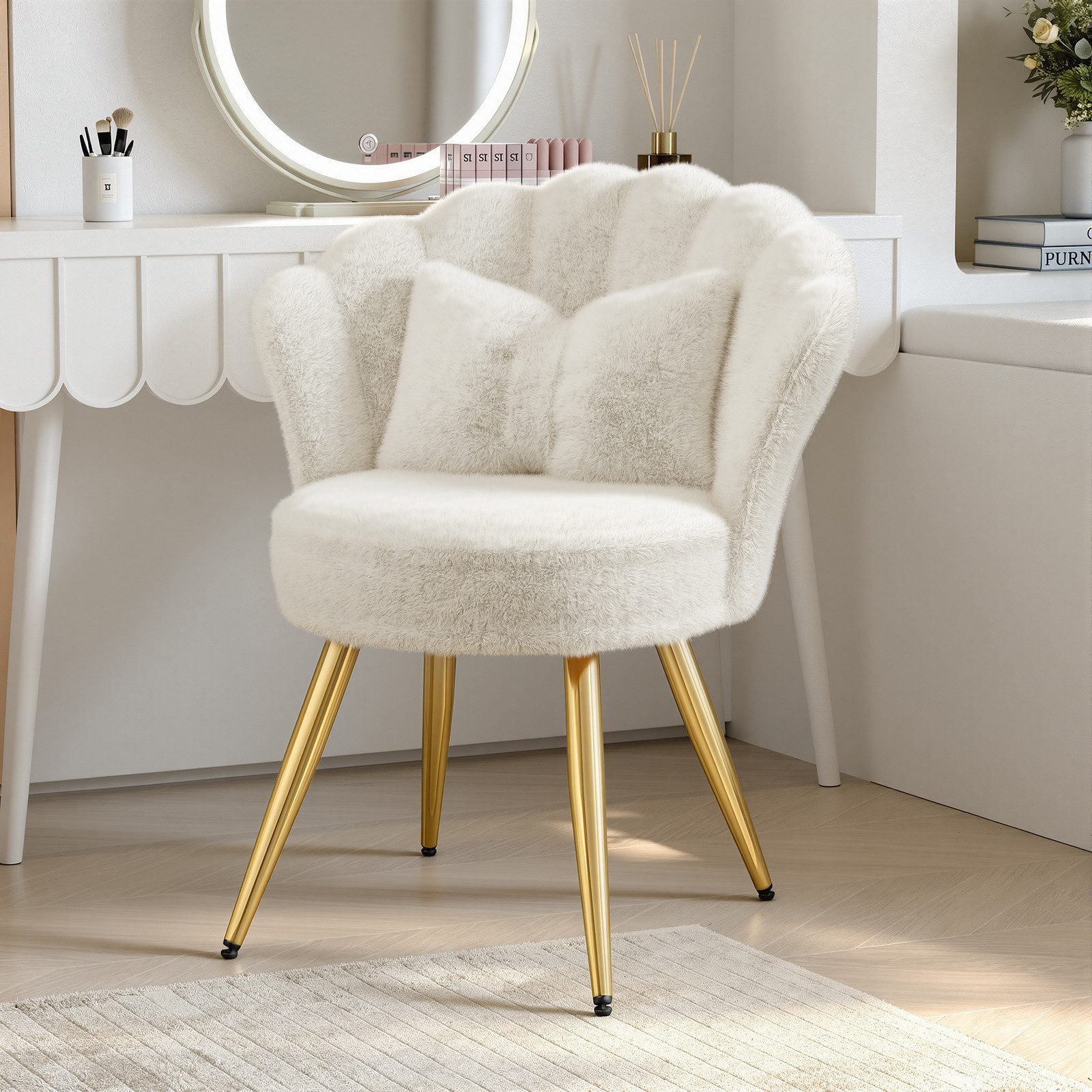 HawthyHome Polsterstuhl Samt im Blüten-Design mit Kissen (1 St), Schminktischstuhl mit Goldbeinen für Schlafzimmer & Wohnzimmer