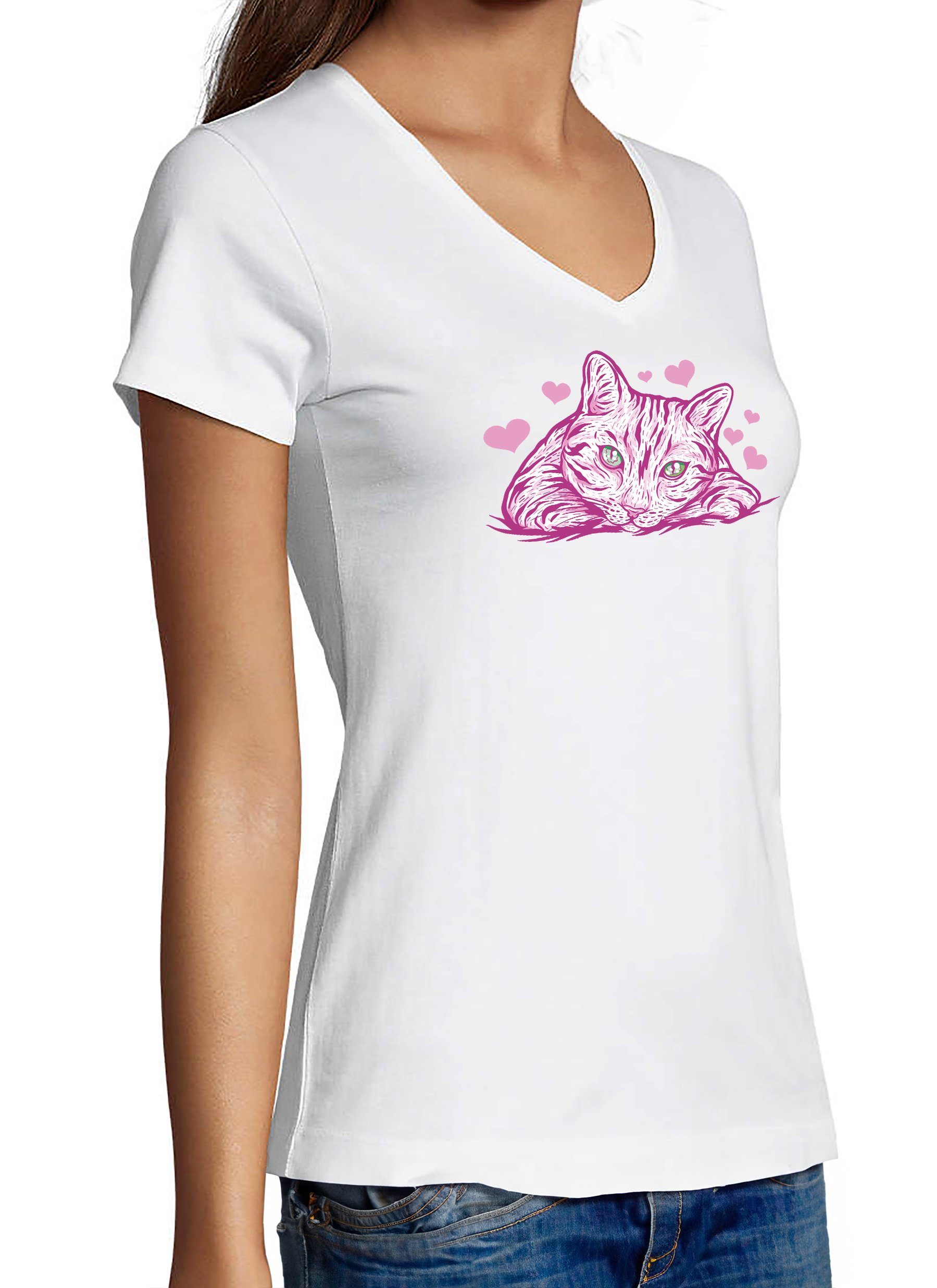 Fit, bedruckt - i122 Aufdruck, Print Baumwollshirt weiss Katzen Shirt Slim mit Pinke Damen MyDesign24 mit Katze T-Shirt Herzen