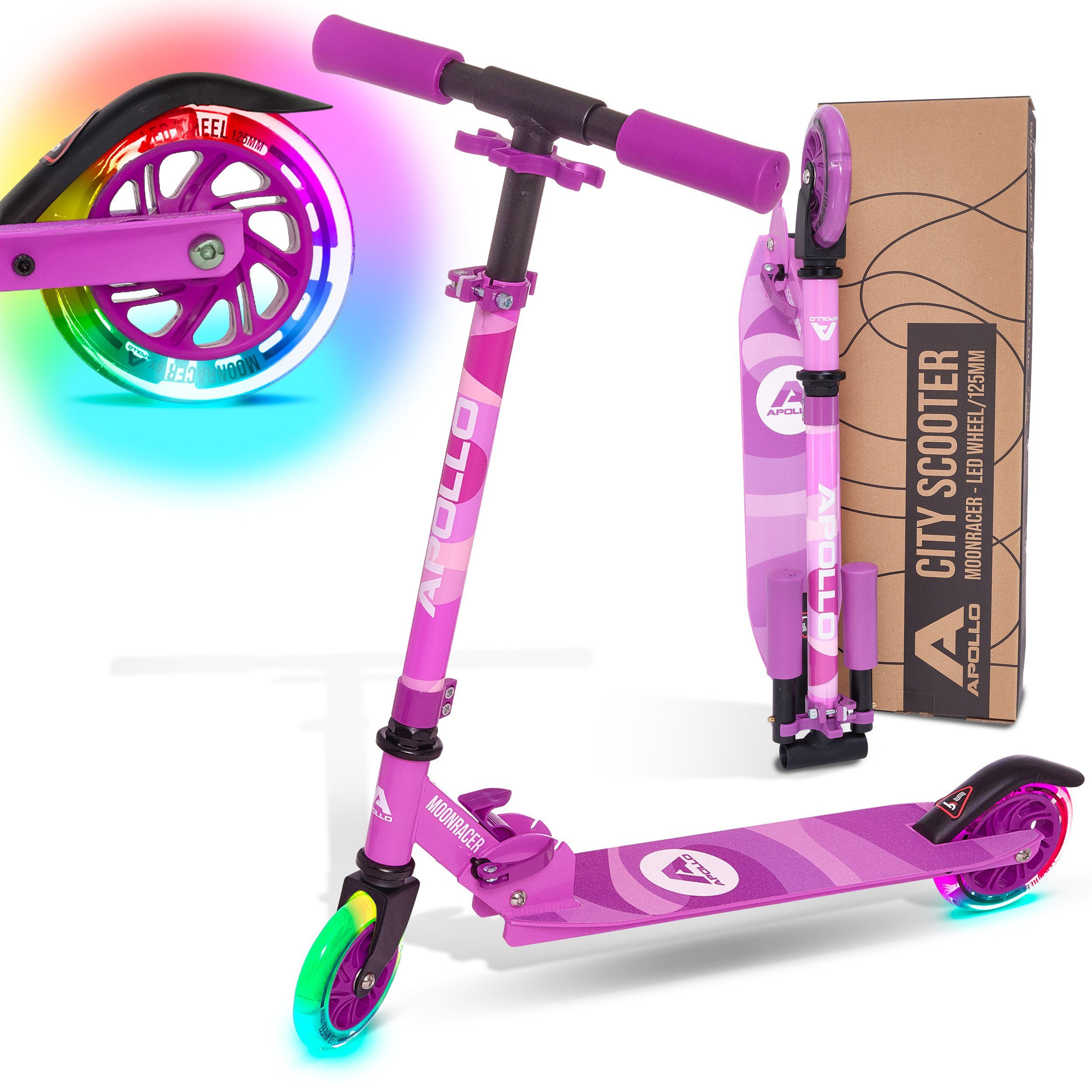 Apollo Cityroller LED City Scooter Moonracer für Kinder - 125 mm Tretroller, Kinderroller ab 4 Jahre klappbar und höhenverstellbar