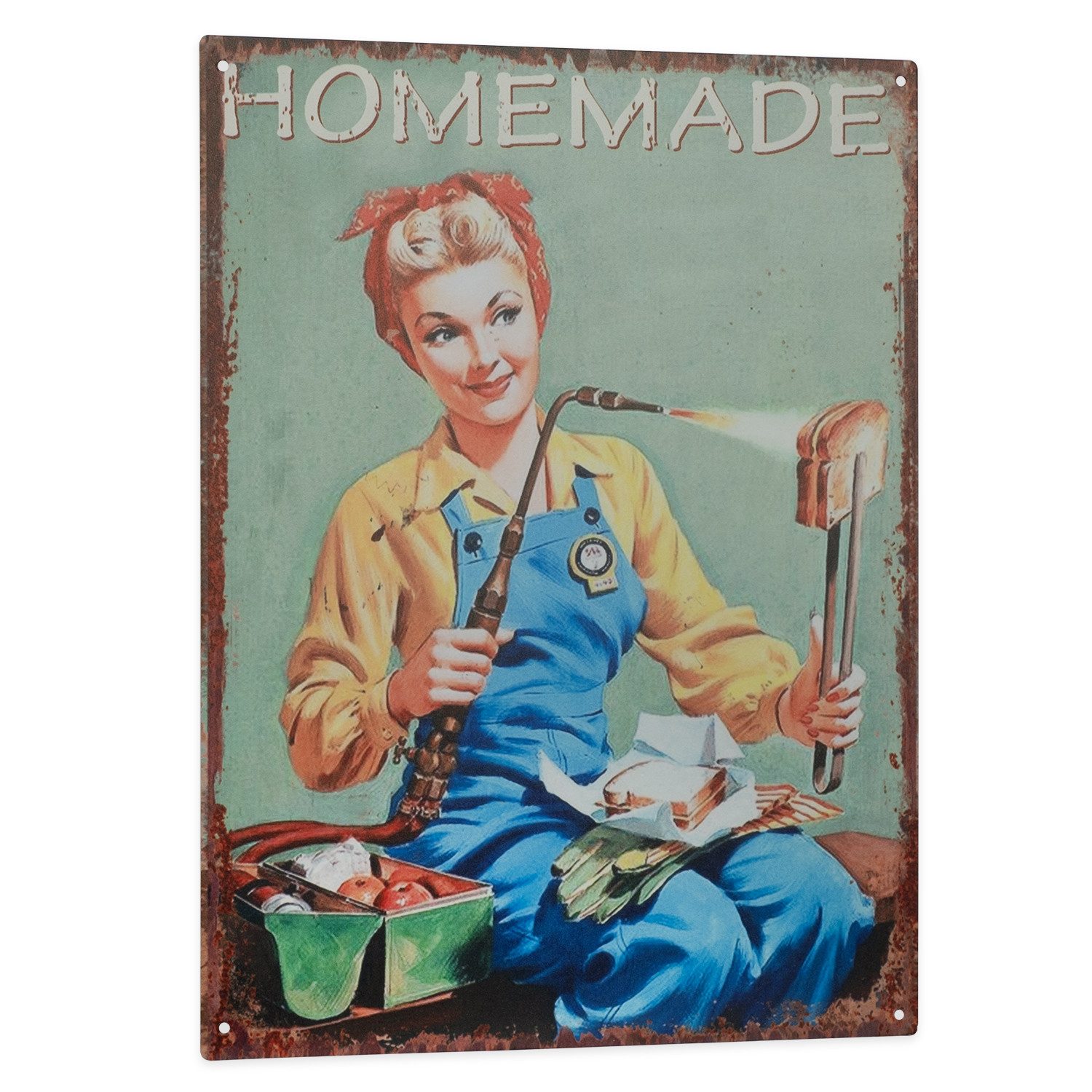 Moritz Metallschild Blechschild Homemade Frau im Blaumann, (Einzeln), Spruch