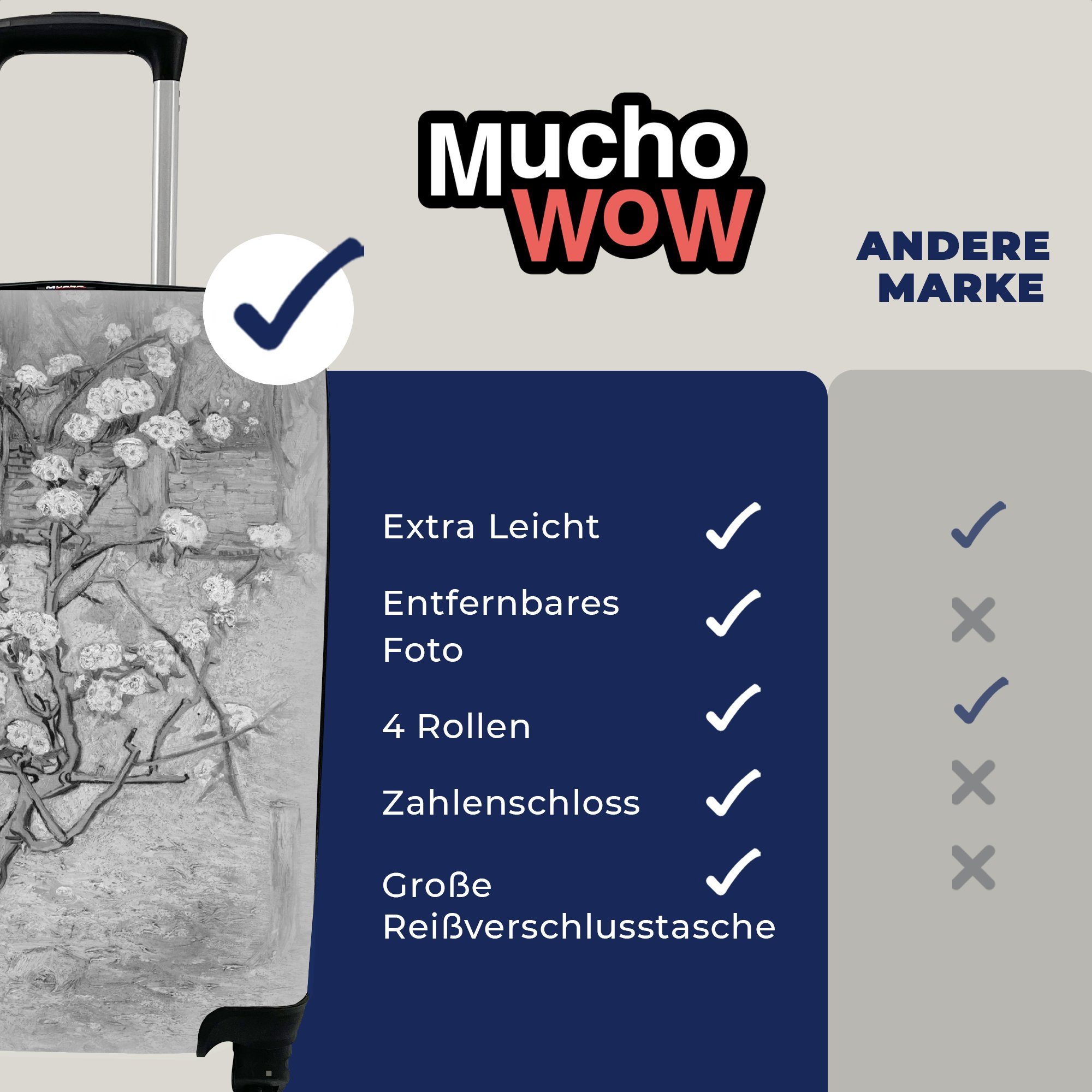 MuchoWow Handgepäckkoffer Birnbaum in - weiß, Blüte van Handgepäck und Gogh - Schwarz für rollen, Reisekoffer mit Trolley, 4 Ferien, Vincent Reisetasche Rollen