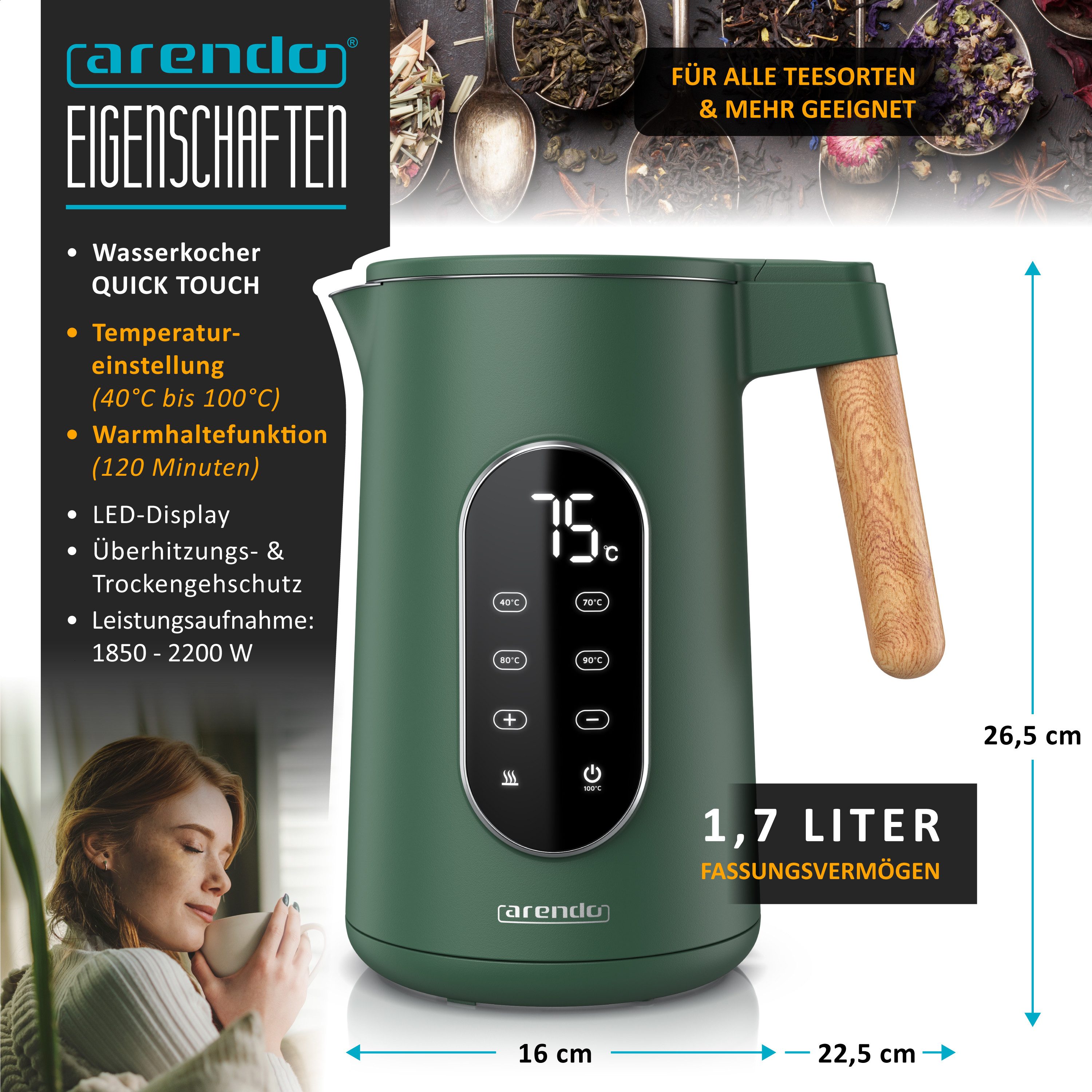 Arendo Wasserkocher Edelstahl, Doppelwand, Temperatureinstellung 40° - 100 °C mit Anzeige, 1,7 l, 2200 W, LED-Display, 5 Direktwahltemperaturen, Holzoptik-Griff, BPA-frei