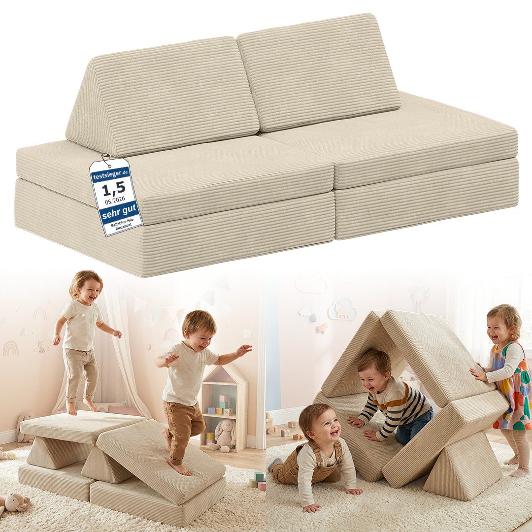 Bellabino Kindersofa Nile aus Schaumstoff Teilen, modulare Kinderspielcouch aus Cord, Beige, Mini-Variante für Kleinkinder, Cordbezug abnehmbar & waschbar, 130x48x65cm, Oeko-Tex zertifiziert