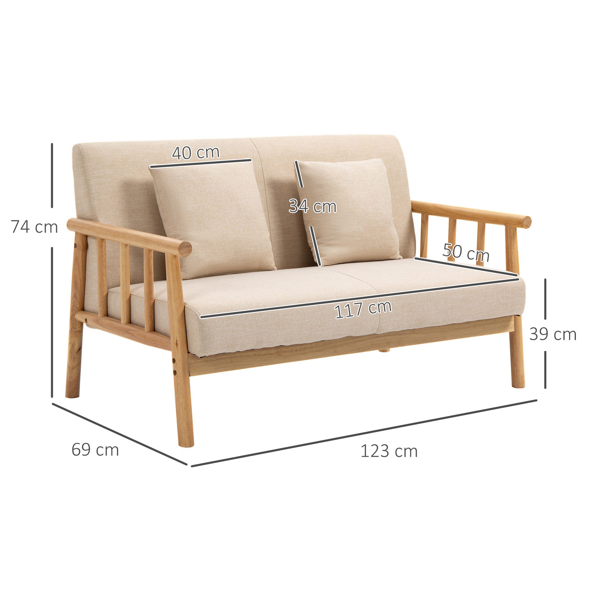 HOMCOM 2-Sitzer Couch mit 2 Lendenkissen, Gepolsterter Polstersofa, Sofa 1 Teile, für kleine Räume, Wohnzimmer, Schlafzimmer, Beige