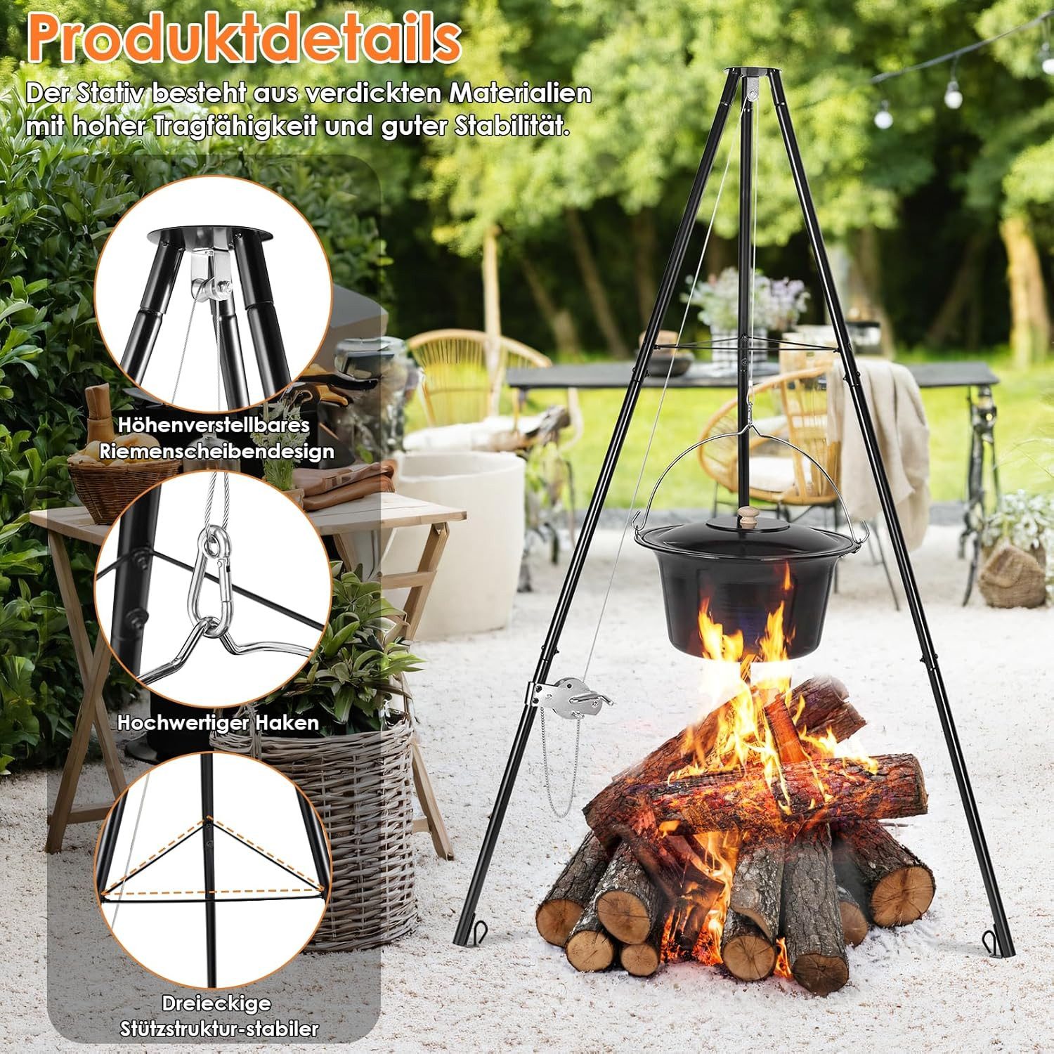 TLGREEN Holzkohlegrill Kesselgulasch Topf, 10L/15L/30L, Gulaschkessel mit Dreibein, Kettenhöhenverstellung, Kesselgulasch Topf Set, für Picknick – Bild 4 von 5