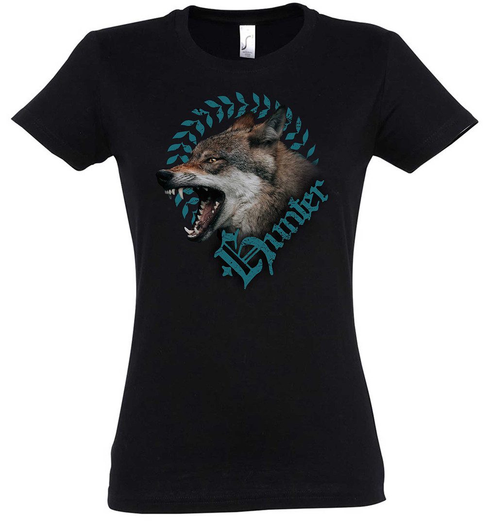 Urban Backwoods Print-Shirt Hunter Wolf Damen T-Shirt Wölfe Lupo Hirsch Lupus Wolves Reh Jagd (1-tlg) Jäger Bär Loup Rudel