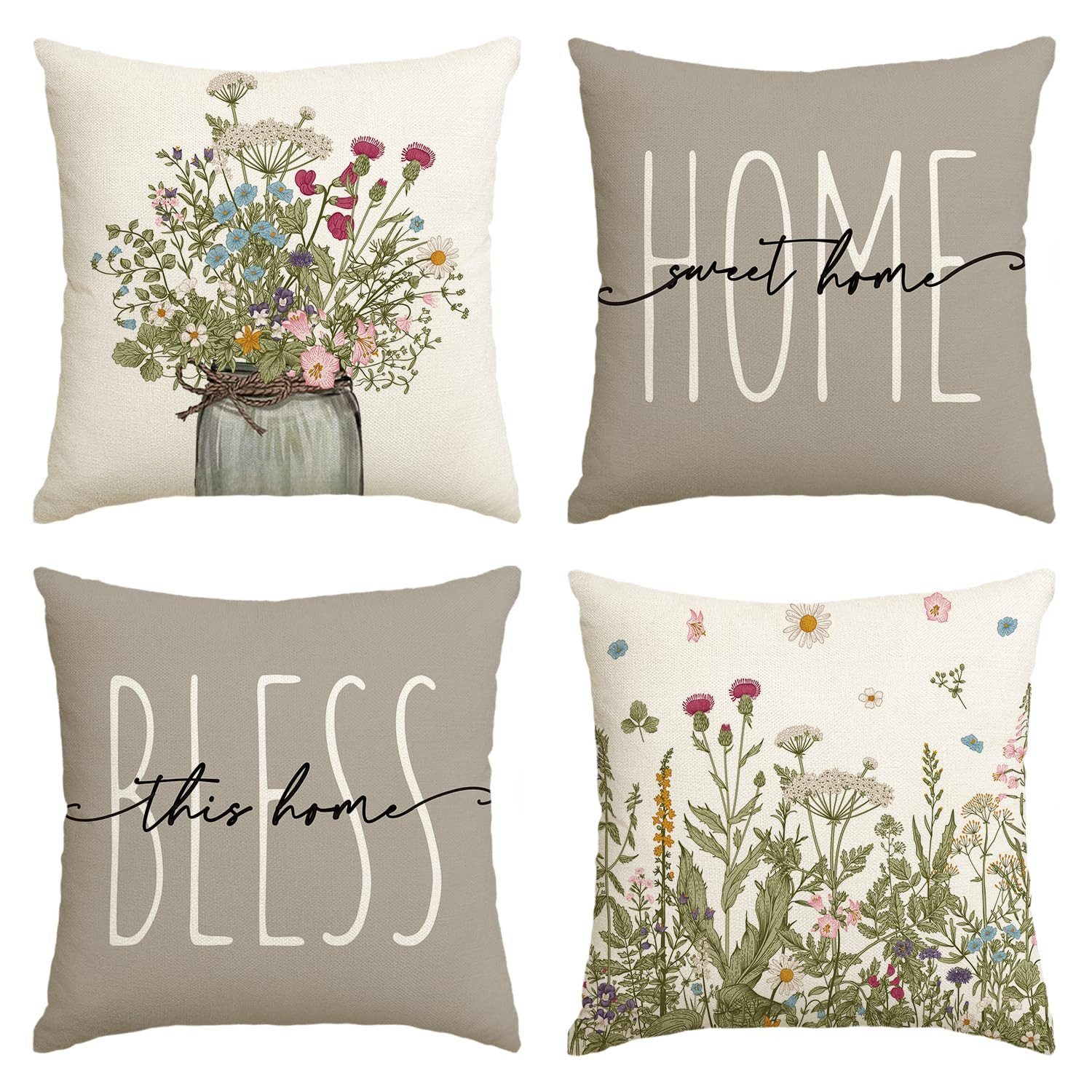 FOUORTUNATE-BEE Kissenbezug 4er Set Mode Antike Kräuter Wilde Blumen Vase Frühling Kissenbezüge, (4 Stück), Zierkissenbezug Couch Deko