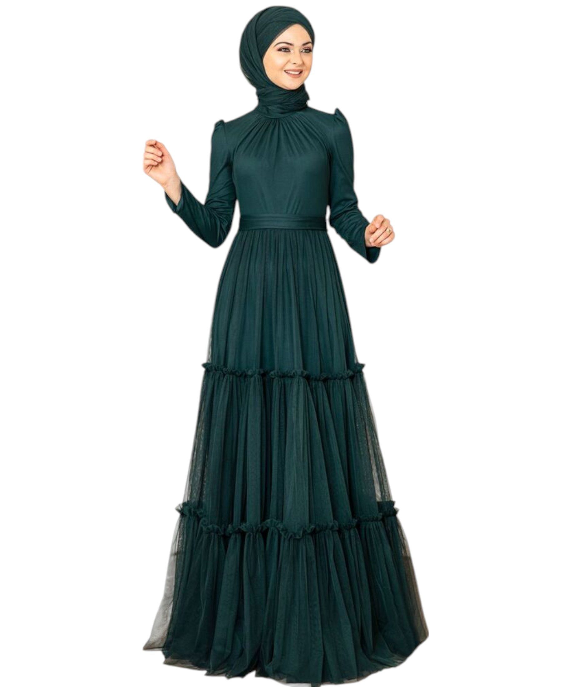 Modavitrini Abendkleid Tüllkleid mit Rüschenrock Hijab Kleid Abiye Abaya Maxikleid Mehrlagiger Tüllrock, eleganter Maxischnitt, blickdichtes Unterkleid