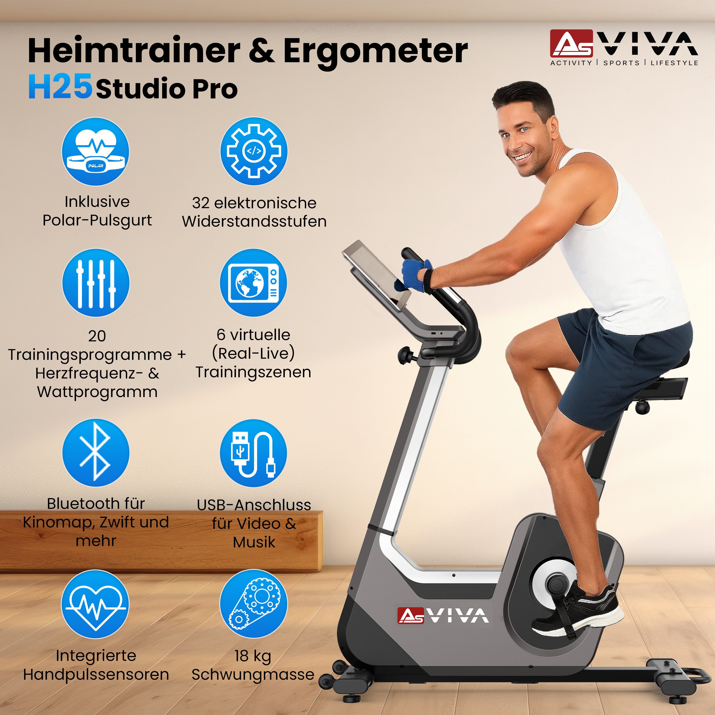 AsVIVA Ergometer H25 Pro Heimtrainer, 18 kg Schwungmasse, 32-stufiger Widerstand, USB-Anschluss