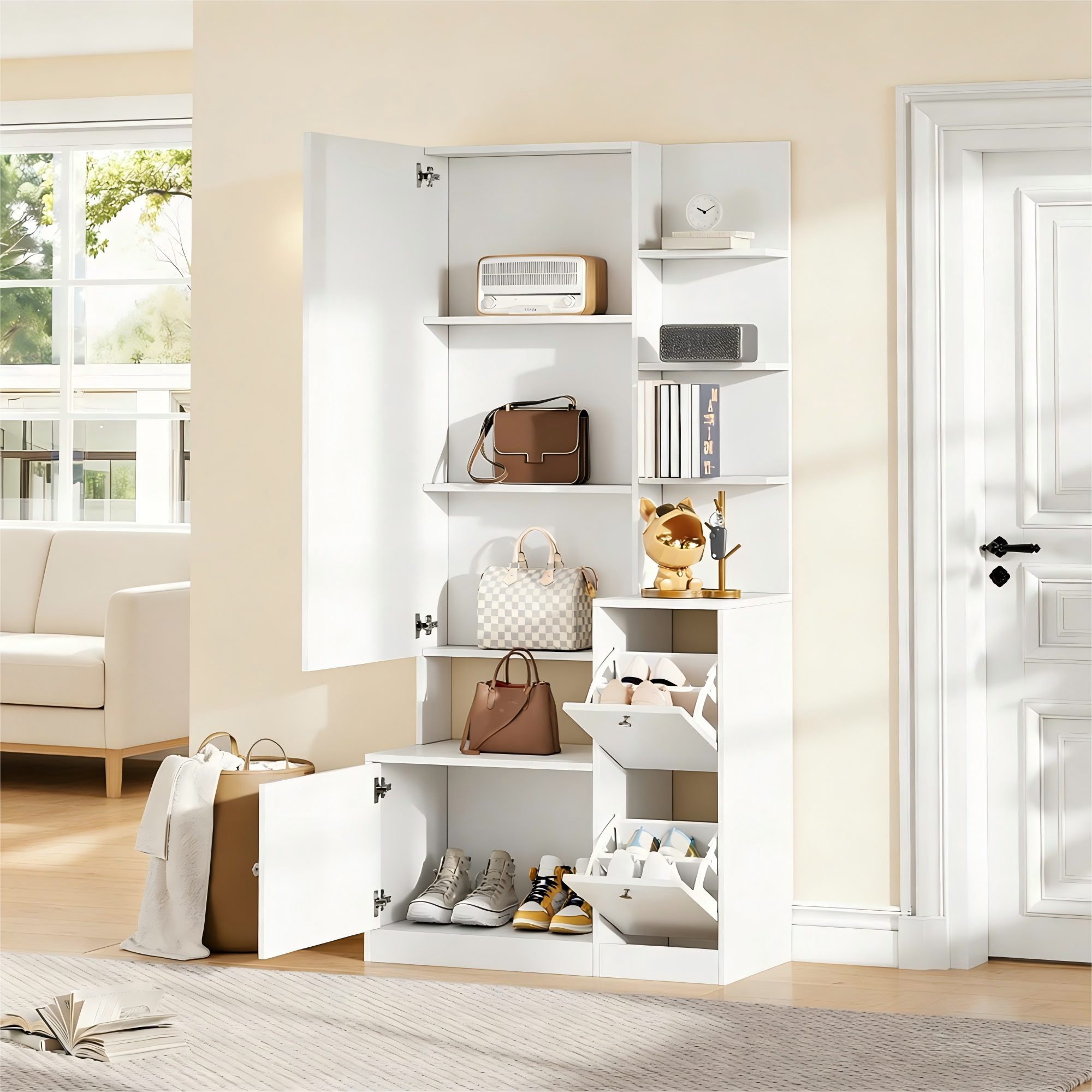 HAUSS SPOLE Hochschrank schmal mit Spiegel,Flurschrank Beistellschrank für Eingangsbereich (W85×T40×H180cm,mit Schuhschrank,Vitrine mit 5 Ablageflächen,Weiß, Aufbewahrungsschrank Doppeltürschrank, Schranktürspiegel, Spanplatte) für Wohnungen und kleine Einheiten