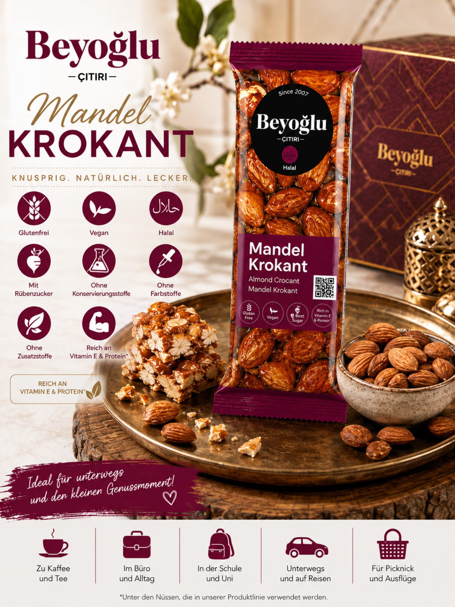 Beyoglucitiri Cerealien Beyoğlu Mandelkrokant 40 g, 1 x, Mit 56 % Mandeln Glutenfrei Mit Rübenzucker Ohne Konservierungsstoffe