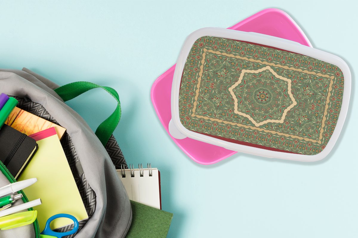 Lunchbox - - Kunststoff, Persische Snackbox, Grün, für Mädchen, - Brotdose Teppiche Teppiche Kunststoff Brotbox Mandala Erwachsene, rosa (2-tlg), MuchoWow Kinder,