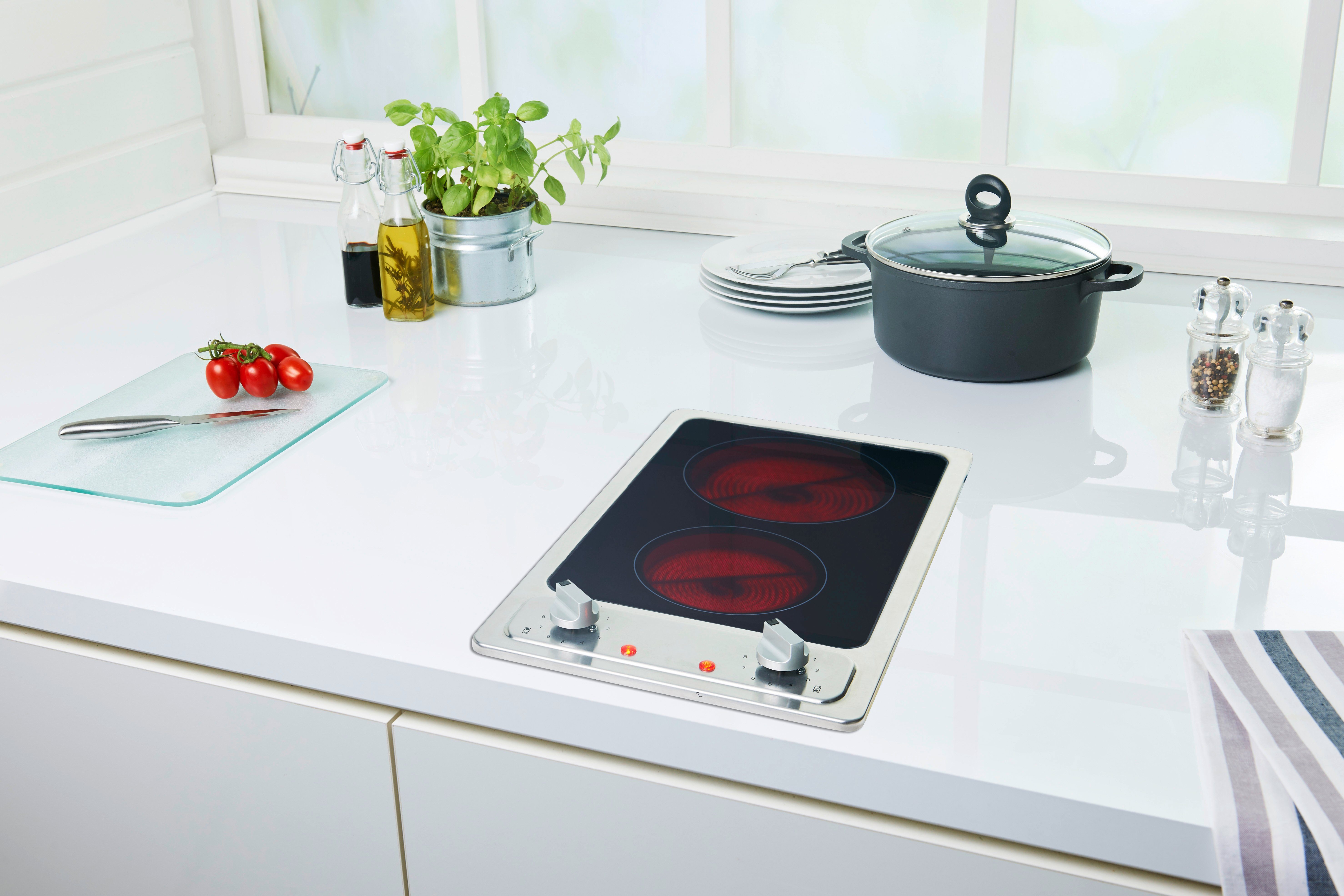 PKM Doppelkochplatte PKM Kochfeld Autark Glaskeramik EB-GK-2R Edelstahlrahmen, Leistung kleines Kochfeld 1200 W, Leistung großes Kochfeld 1800 W