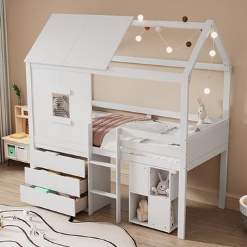 Flieks Hochbett Kiefer Kinderbett Hausbett mit Schreibtisch und 3 Schubladen 90x200cm