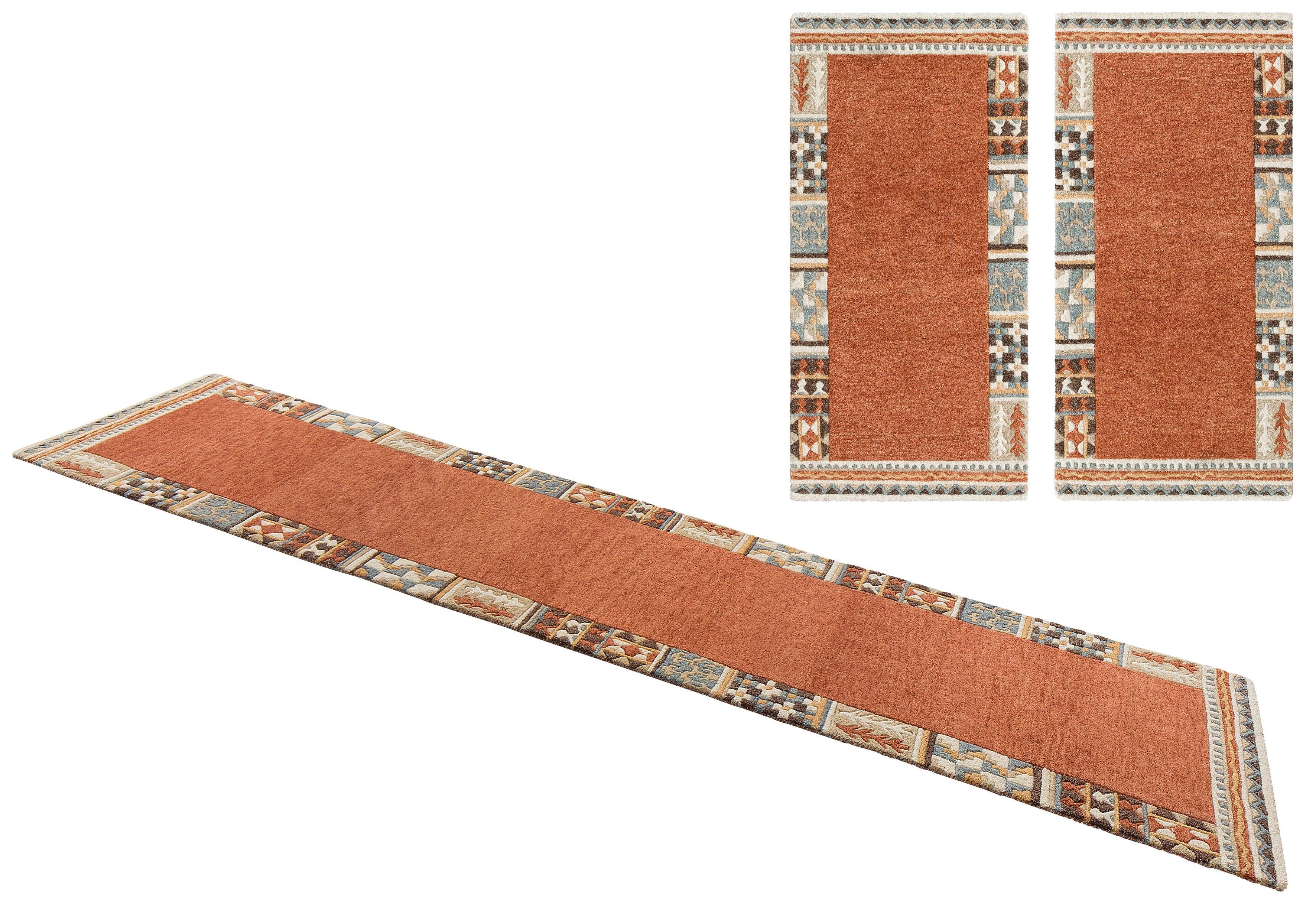 THEKO Bettumrandung Nuno, handgearbeitet, mit Bordüre, Höhe 14 mm, (3-tlg), Bettvorleger, reine Wolle, handgetuftet, Läufer-Set, Schlafzimmer