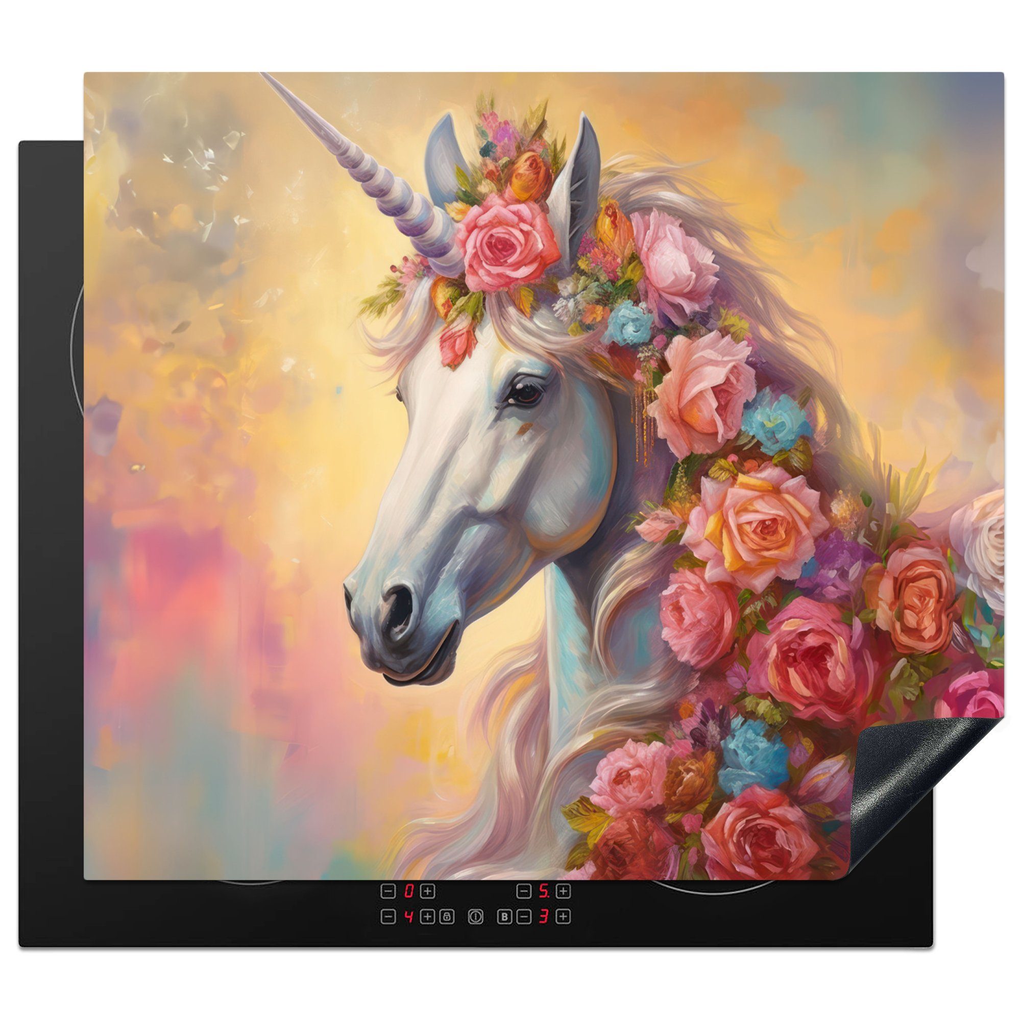 MuchoWow Herdblende-/Abdeckplatte Einhorn - Rosen - Einhorn - Blumen, Vinyl, (1 tlg), 60x52 cm, Mobile Arbeitsfläche nutzbar, Ceranfeldabdeckung