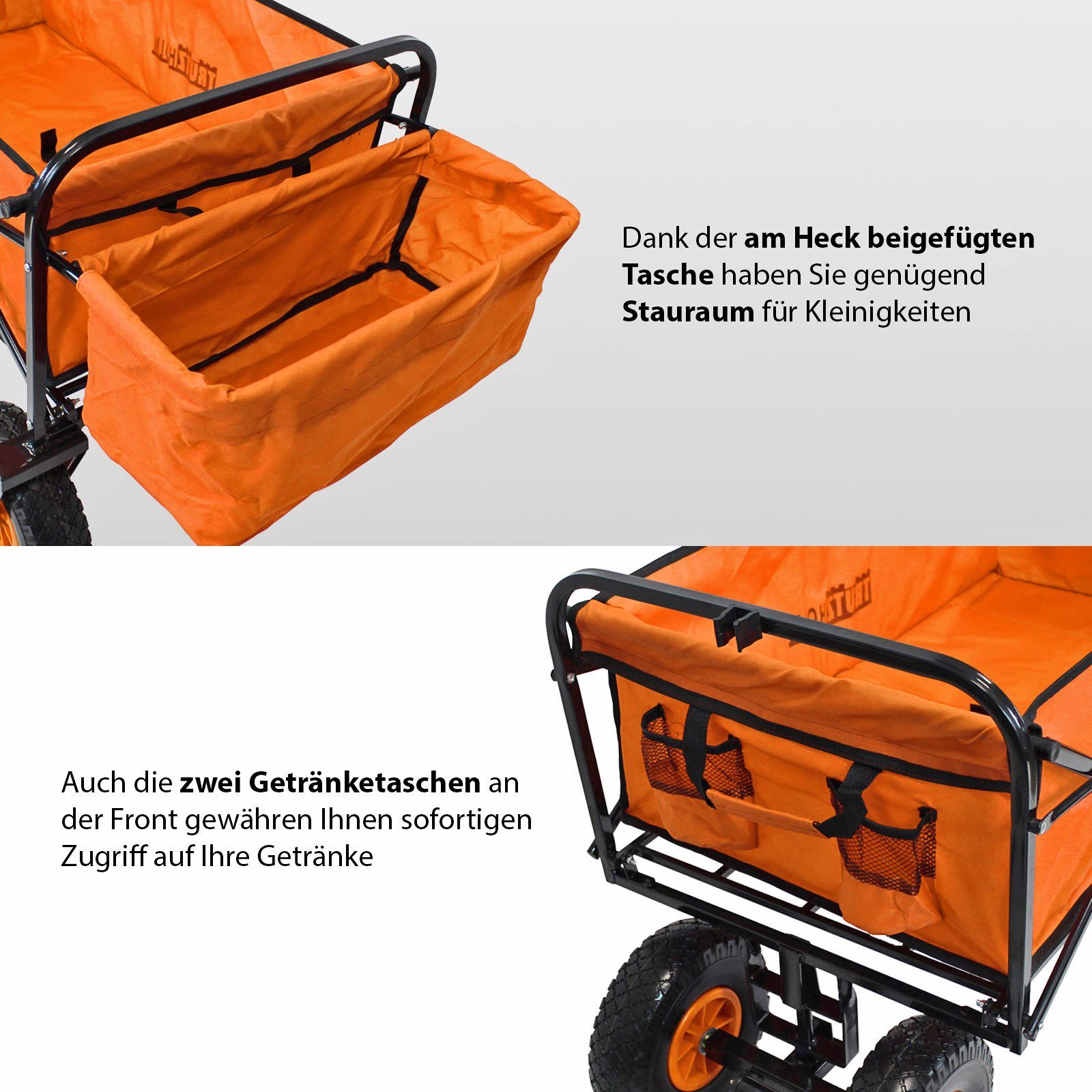 TRUTZHOLM Bollerwagen faltbar mit Vollgummi Rädern, Hecktasche und Teleskopgriff orange